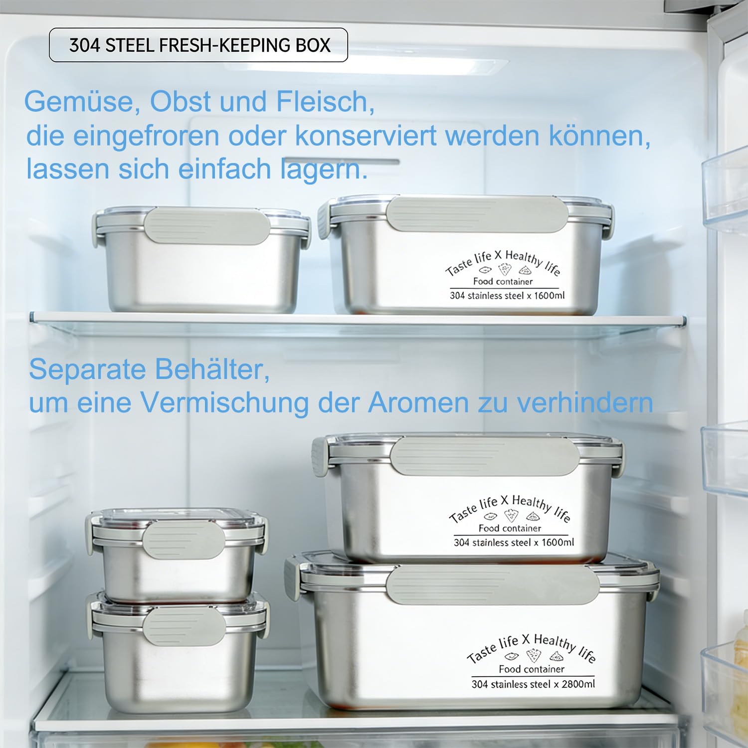 FOLAI 5er set 304-Edelstahl Frischhaltedosen mit deckel Vorratsbehälterset,kühlschrank organizer Aufbewahrungsbehälter aufschnittboxen，meal prep gläser (650ml+1000ml+1300ml+1600ml+2400ml)