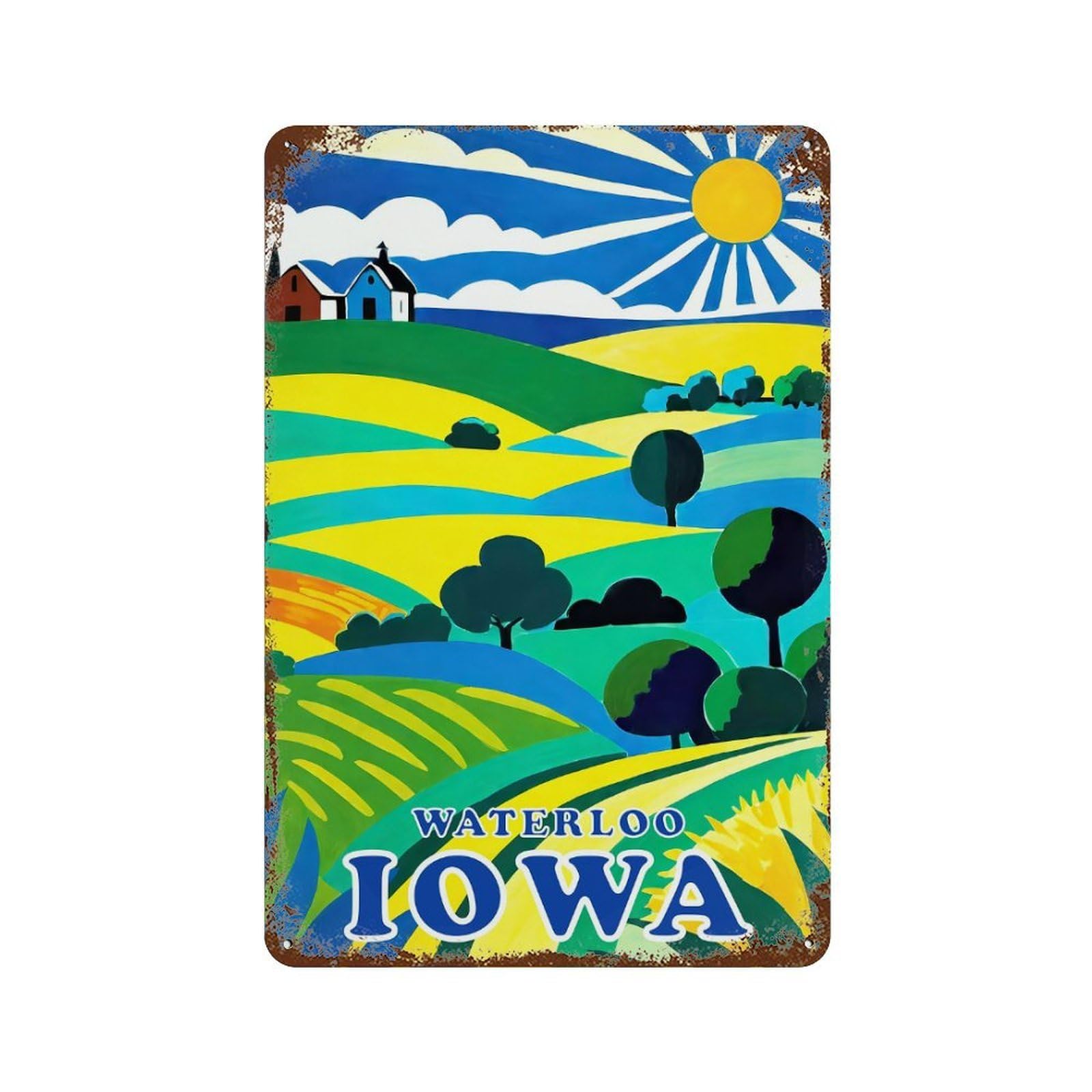 Rustic Tin Plaque Waterloo Iowa Farms 11.8"x7.9", Vintage Wall Decor for Pub, Kitchen And Man Cave Decor