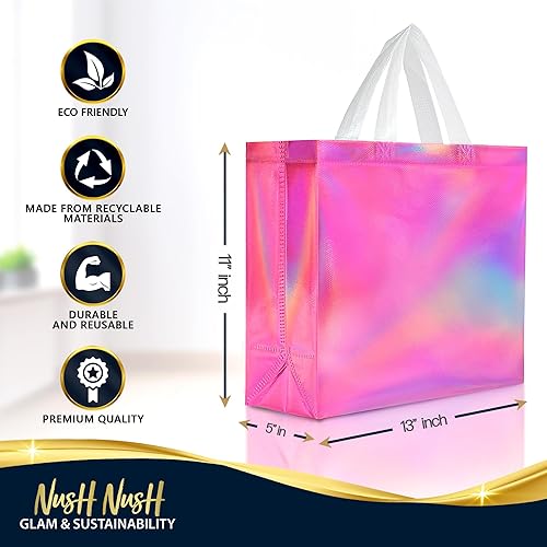 Miniatura 6 de Nush Nush Bolsas de regalo grandes de color rosa iridiscente a granel, juego de 60 bolsas de regalo holográficas rosas con asas, para pequeñas