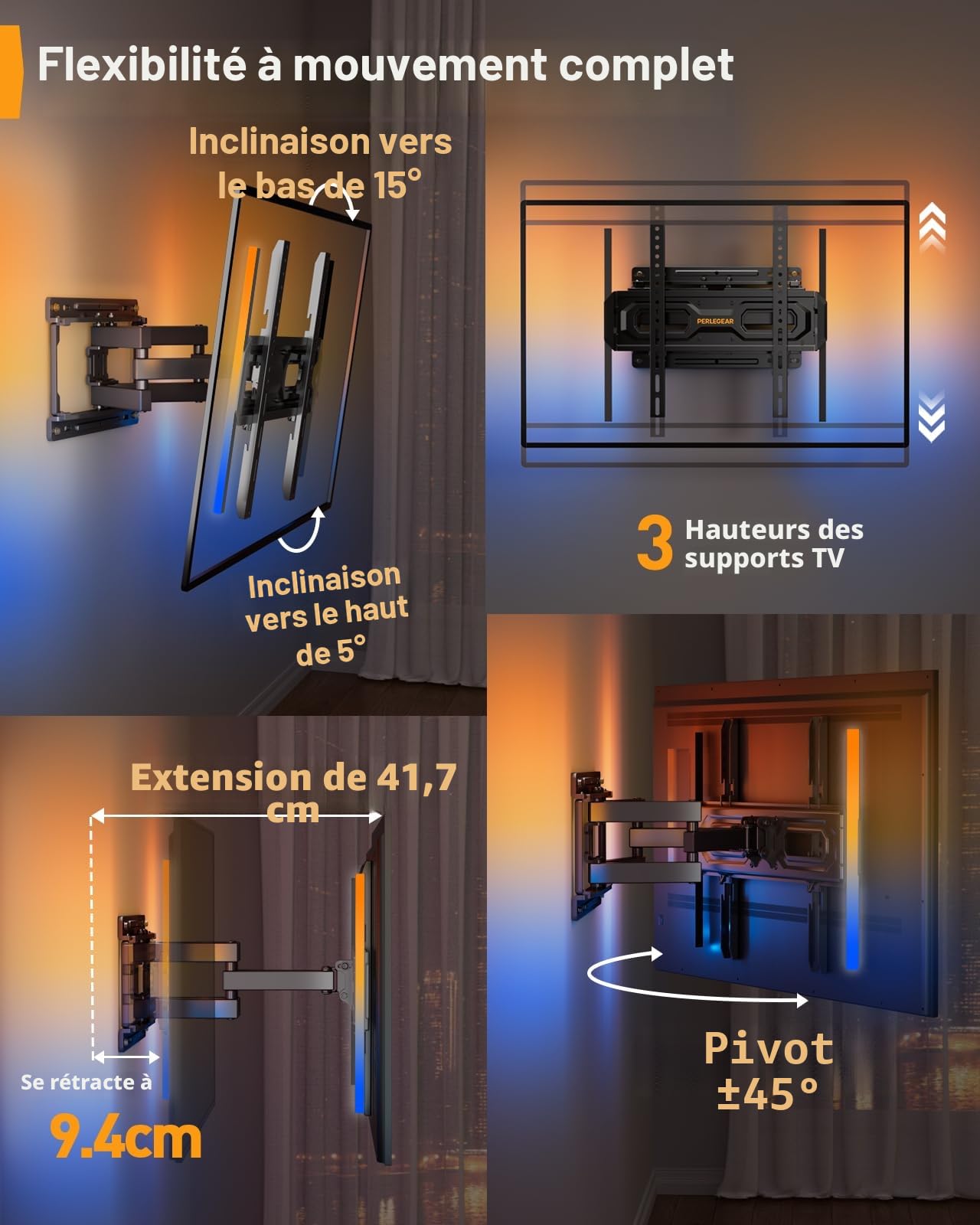 Perlegear Support Mural TV avec Lumières LED pour Télévision de 26 à 65 Pouces Jusqu'à 45 kg, Pivot Extension Inclinaison et Rétroéclairage Musical, VESA Max 400x400mm PGMF20