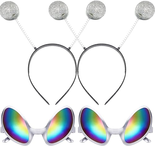 Miniatura 1 de itechpanda 2 pares de lentes de sol de plástico plateado y 2 piezas de diadema de antena de Alien Boppers con lentes de arco iris para fiesta de