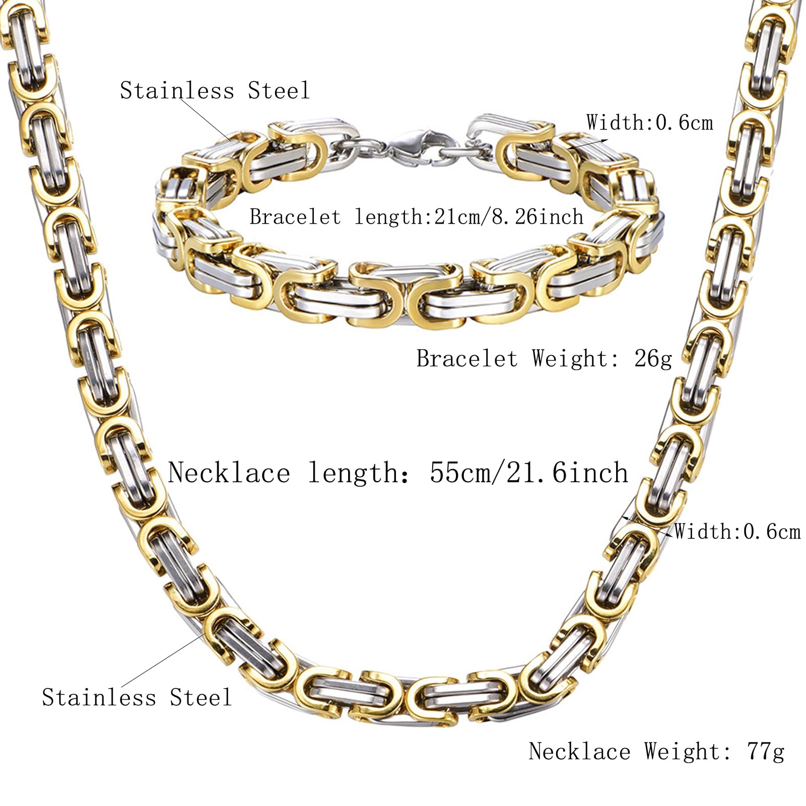 Ensemble collier et bracelet pour homme, collier en acier inoxydable, largeur de la chaîne : 6 mm, fait à la main, couleurs or et acier, Acier inoxydable, Pas de gemme