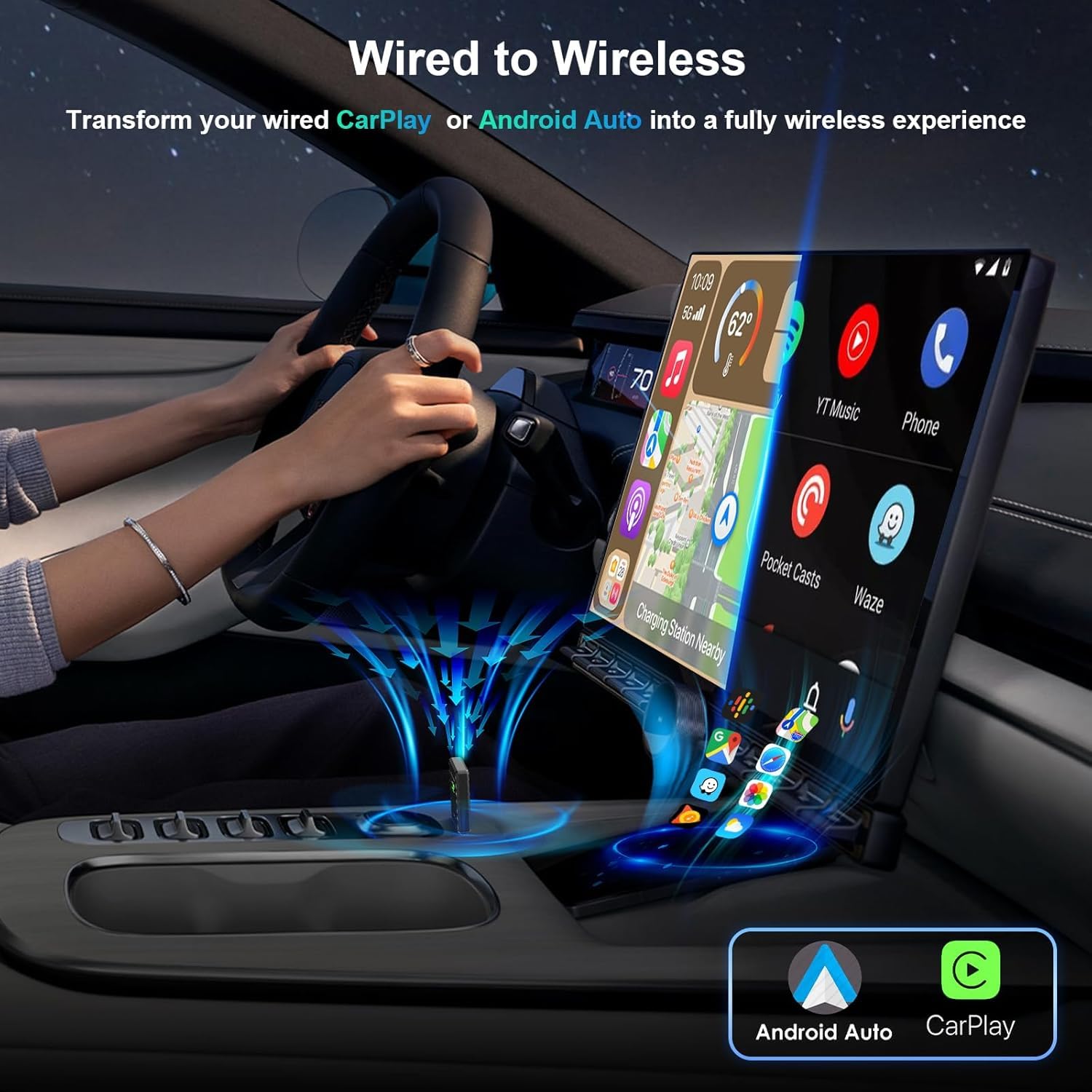 PWAYTEK 2 in 1 Adaptateur CarPlay sans Fil 2025 pour iPhone,Convertisseur USB-C/A 5GHz WiFi, Plug & Play Instantané, Compatible Voitures 2016+ et iOS 10+, Connexion Automatique Ultra-Rapide