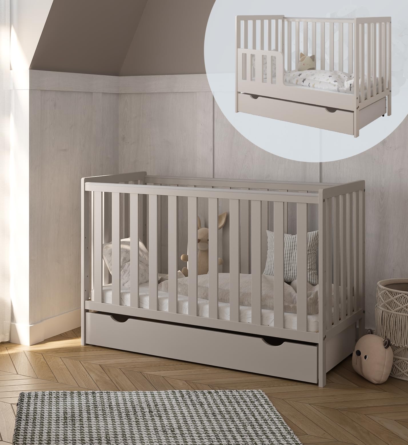zee Bambi Mint Babybett 120x60 cm 2in1 mit Schublade & Schutzbarriere Klassisches Gitterbett 3-Fach Höhenverstellbar Kinderbett mit Beißschutz & zu Juniorbett umbaubar