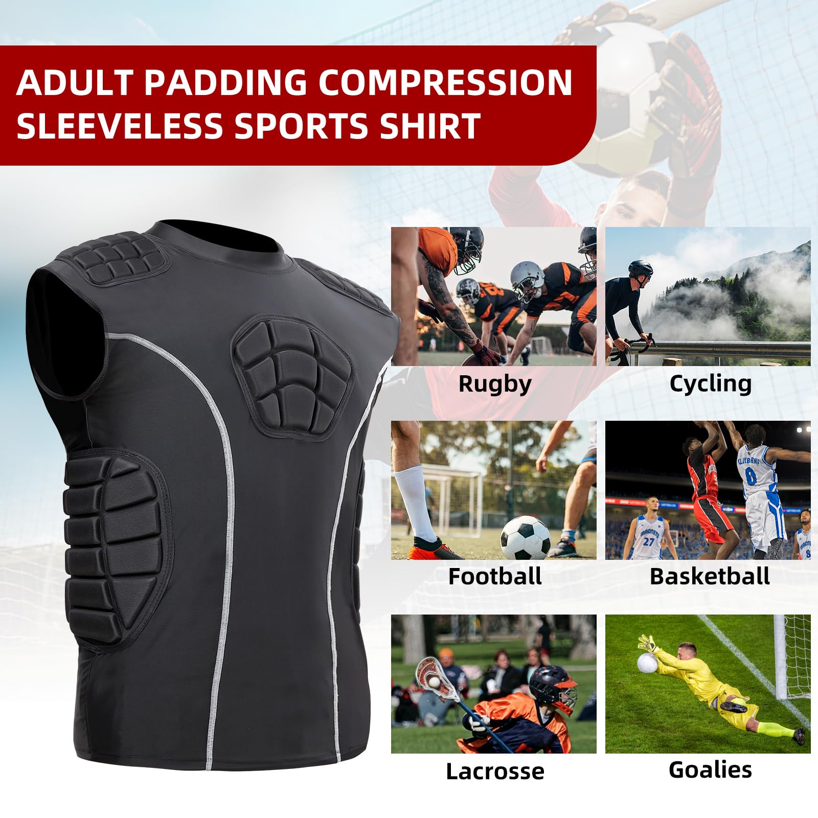 Zicac Kompressionsshirt Herren Atmungsaktiv Compression Shirt, Aufprallschutz Protektorenweste, Multidirektionaler Schutz Sport Tshirts Herren für Fußball Basketball