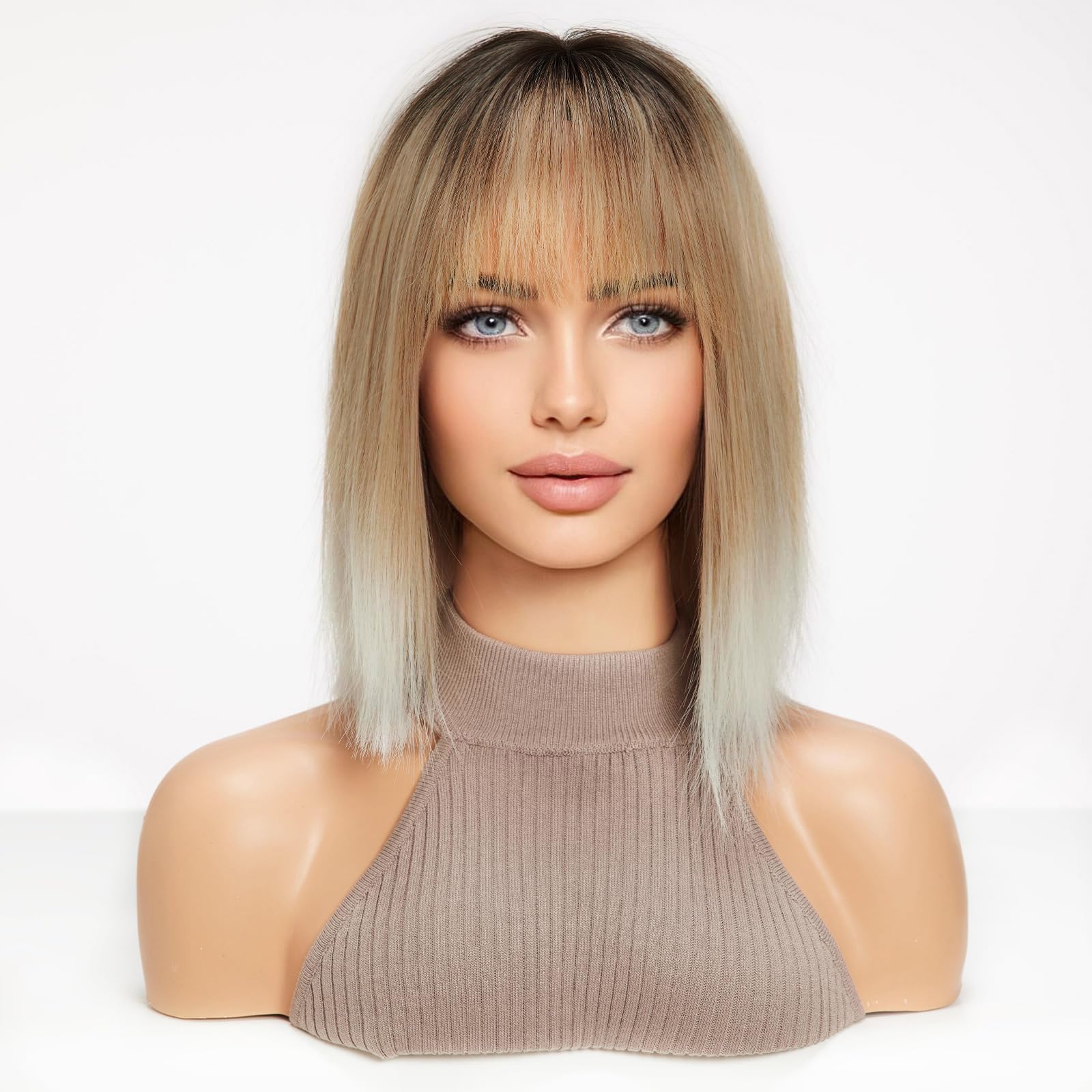 HAIRCUBE Parrucche Lisce per Donna, Parrucca di Capelli Sintetici con Frangetta (da Biondo Candeggina a Bianco)