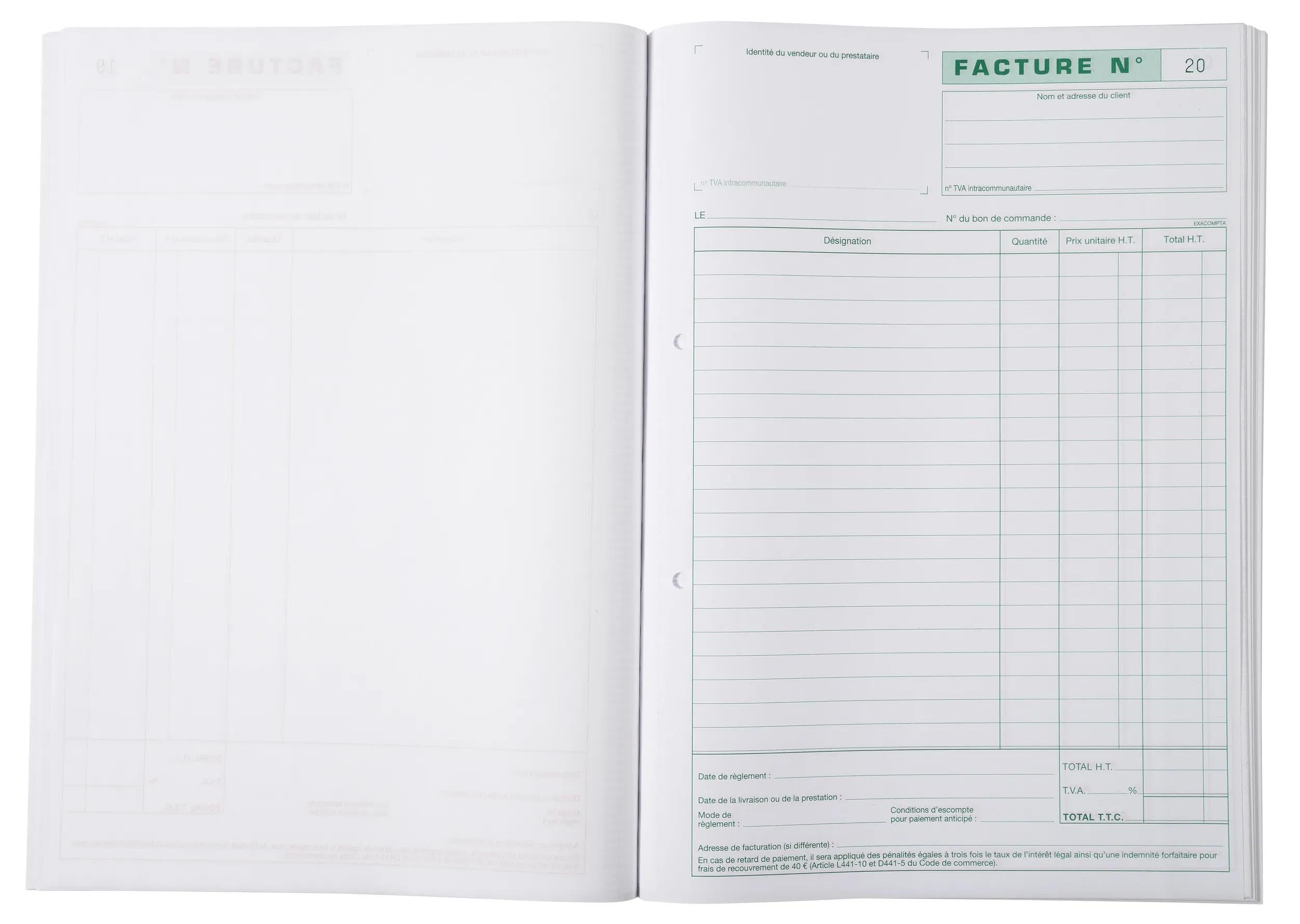 Exacompta - Réf- 3288E - Paquet de 5 manifolds FACTURES - avec mention TVA - 50 feuillets numérotés et autocopiants - triplicatas (1 original plus 2 copies) - format A4 - fabriqué en France