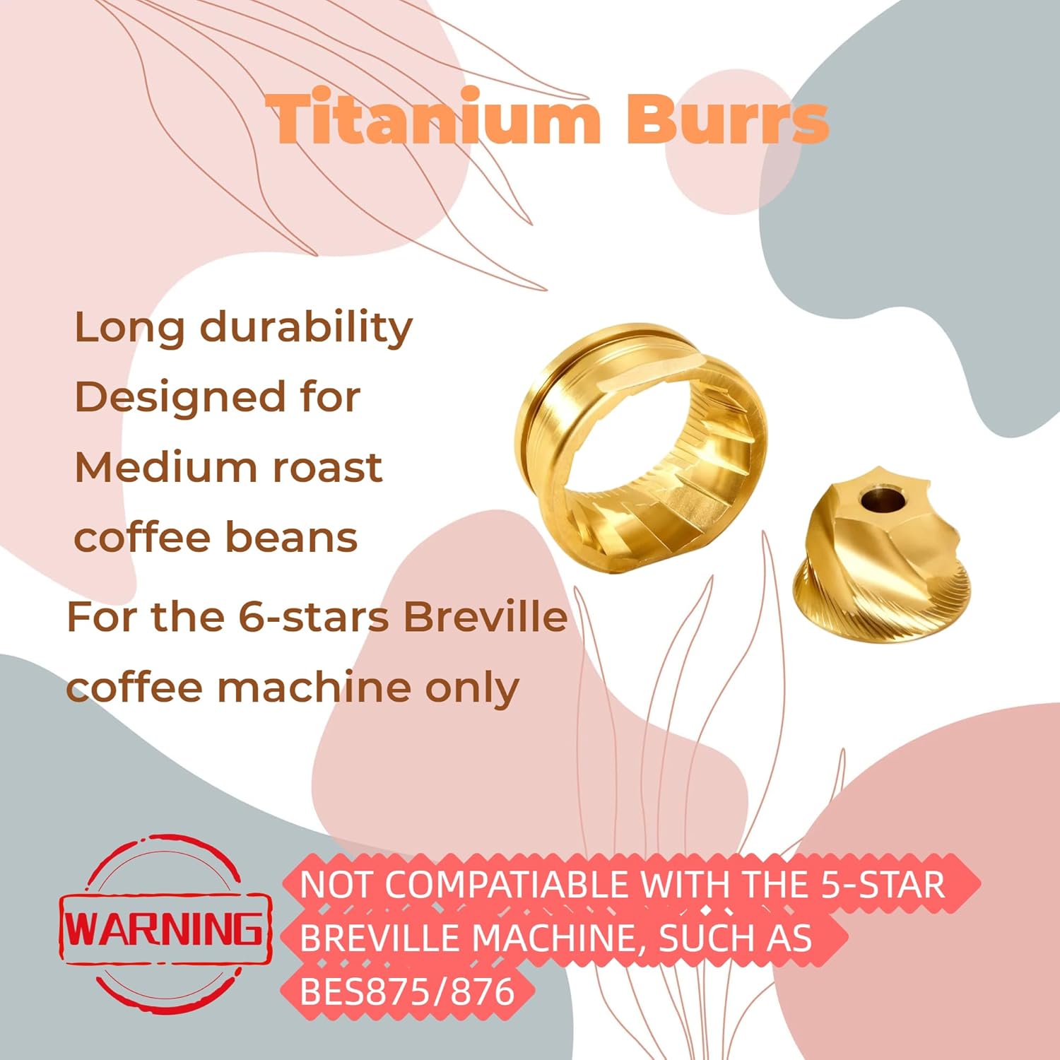 Conical Grinder Upper Lower Burrs for Breville Barista Pro Touch Impress Espresso Coffee Machines BES878 BES880 BES881-6 star (Titanium Gold)