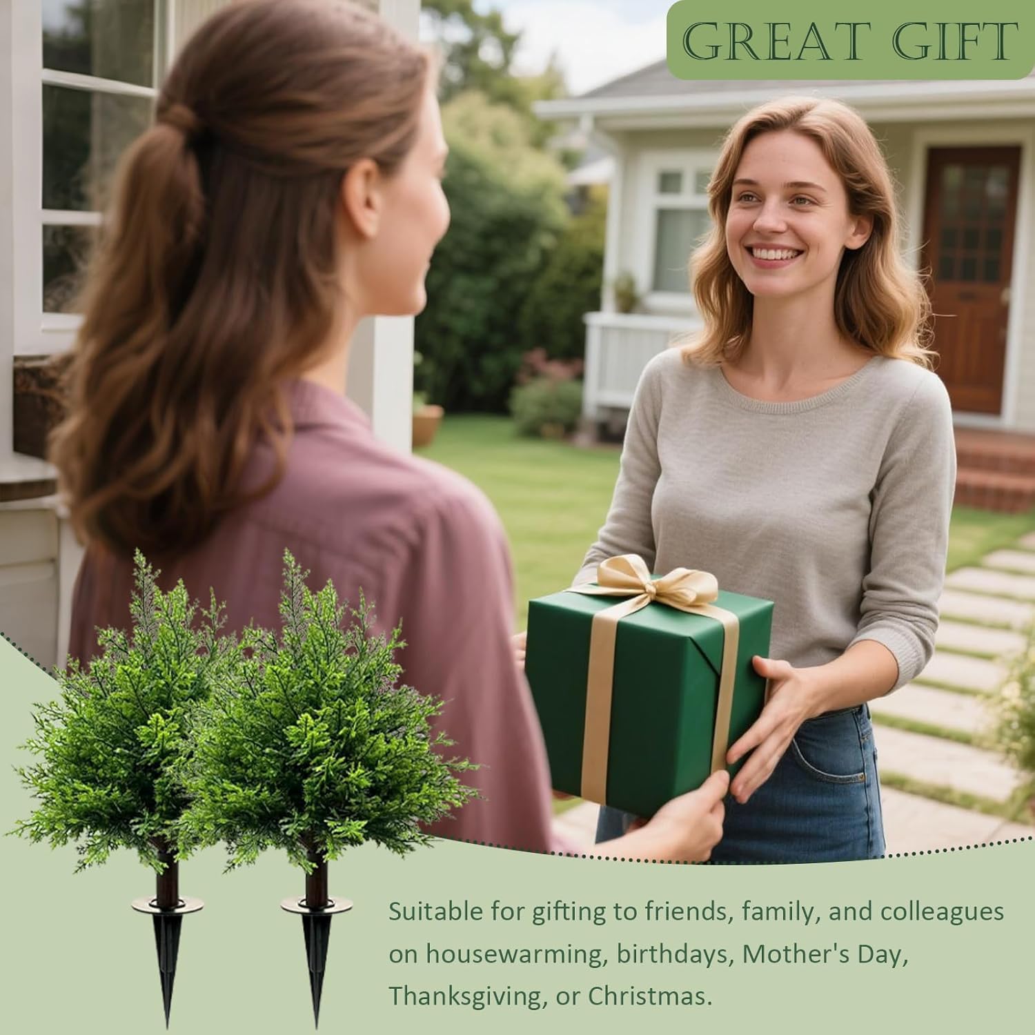 Set of 2 Artificial Cedar Topiary Ball Trees with Ground Spike Outdoor, 23" Realistic Faux Shrubs, UV Resistant Evergreen Trees, Fake Bushes Plants for Indoor Outdoor Porch Patio Garden Decor (Cedar)