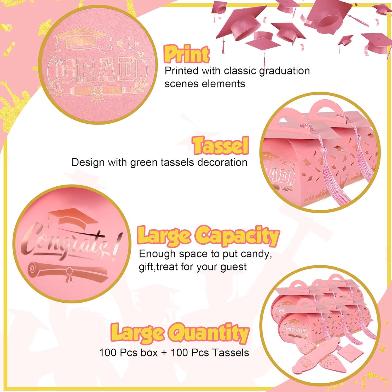 Colarr 100 Pack Graduation Cap Candy Box Graduation Party Favors Grad Gift Box with Gold Tassel Little Souvenir for Guest for Class of 2026 Party Supplies(Pink, Rose Gold)