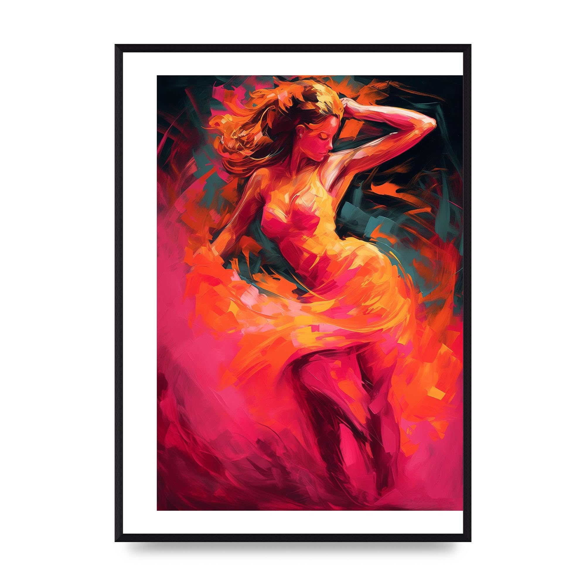 Lithobee - Salsa Dancer in Hot Pink and Tangerine Home Wall Art Prints - A2 Black Brushed Frame