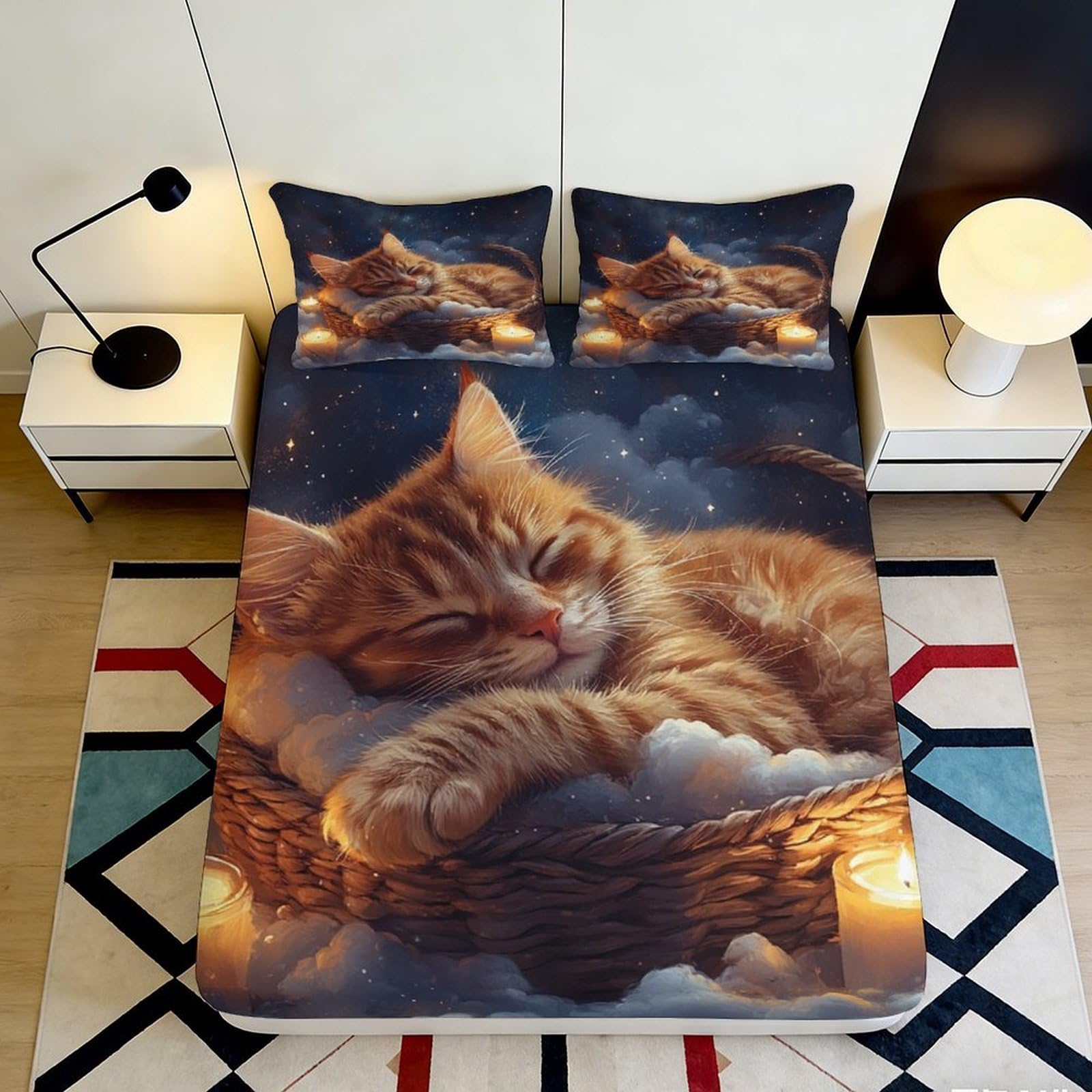 Jqzkxnhpbr Style-2 3D Printed Sleeping Cat Fitted Sheet Microfiber Soft Bedroom Decor Orange Kitten Mattress Cover For Home Dorm 90X200x25cm