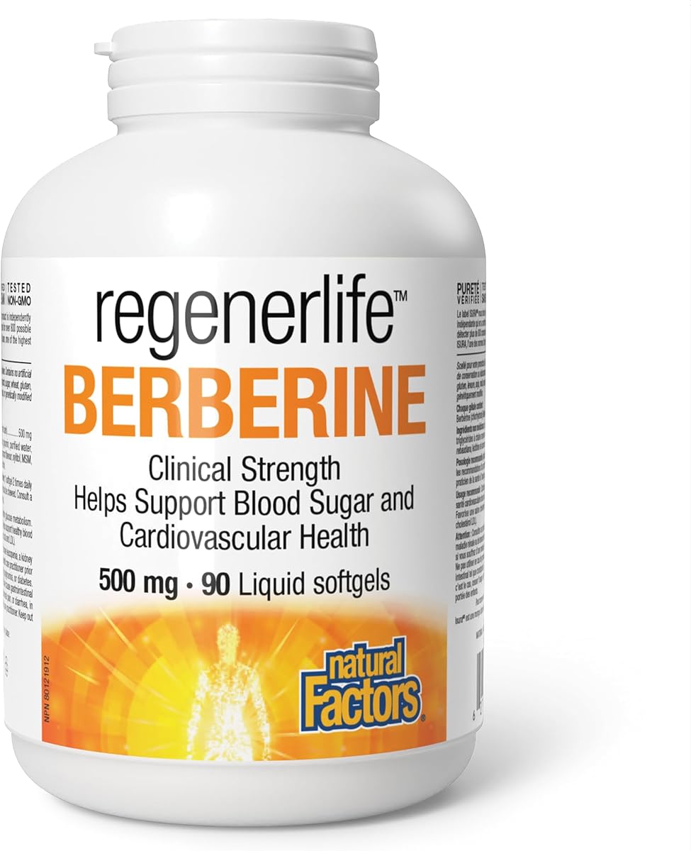 Natural Factors Regenerlife Berberine MAXIMUM POTENCY 1000mg per Serving (2 capsules, 500mg each), 90 liquid softgels, Clinical Strength, Helps Support Blood Sugar and Cardiovascular Health