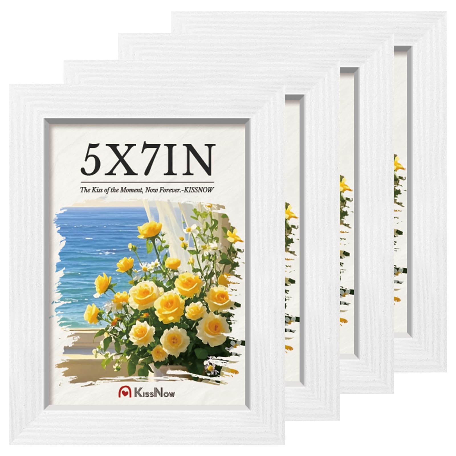 KissNow 5x7 Picture Frame 4 Pack, White Solid Wood Gallery Photo Frame, Wall Hanging or Tabletop Display
