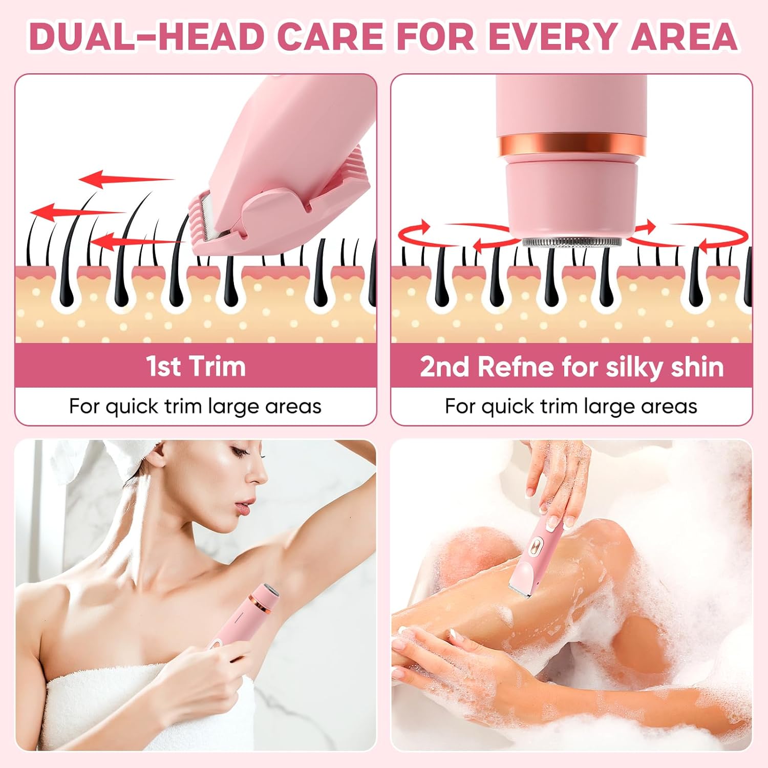 2 in 1 Women Electric Shaver Dual Head Bikini Trimmer for Women IPX7 Waterproof Wet & Dry Use Body Hair Trimmer and Facial Hair Remover for Bikini Underarm Leg Arm Body Face - Image 6