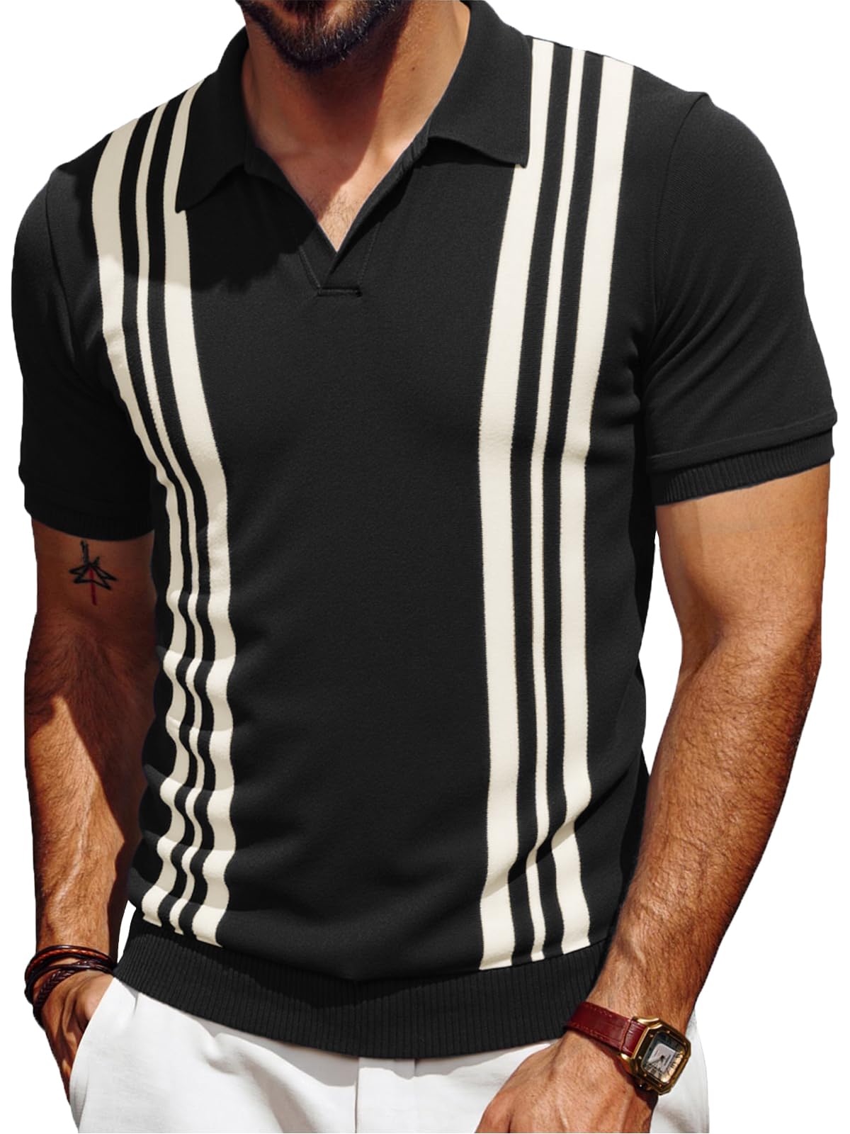 Les umes Strick Poloshirt V Ausschnitt Vintage | Kurzarm, Baumwolle, Atmungsaktiv, Streifen, Sommer, Freizeit