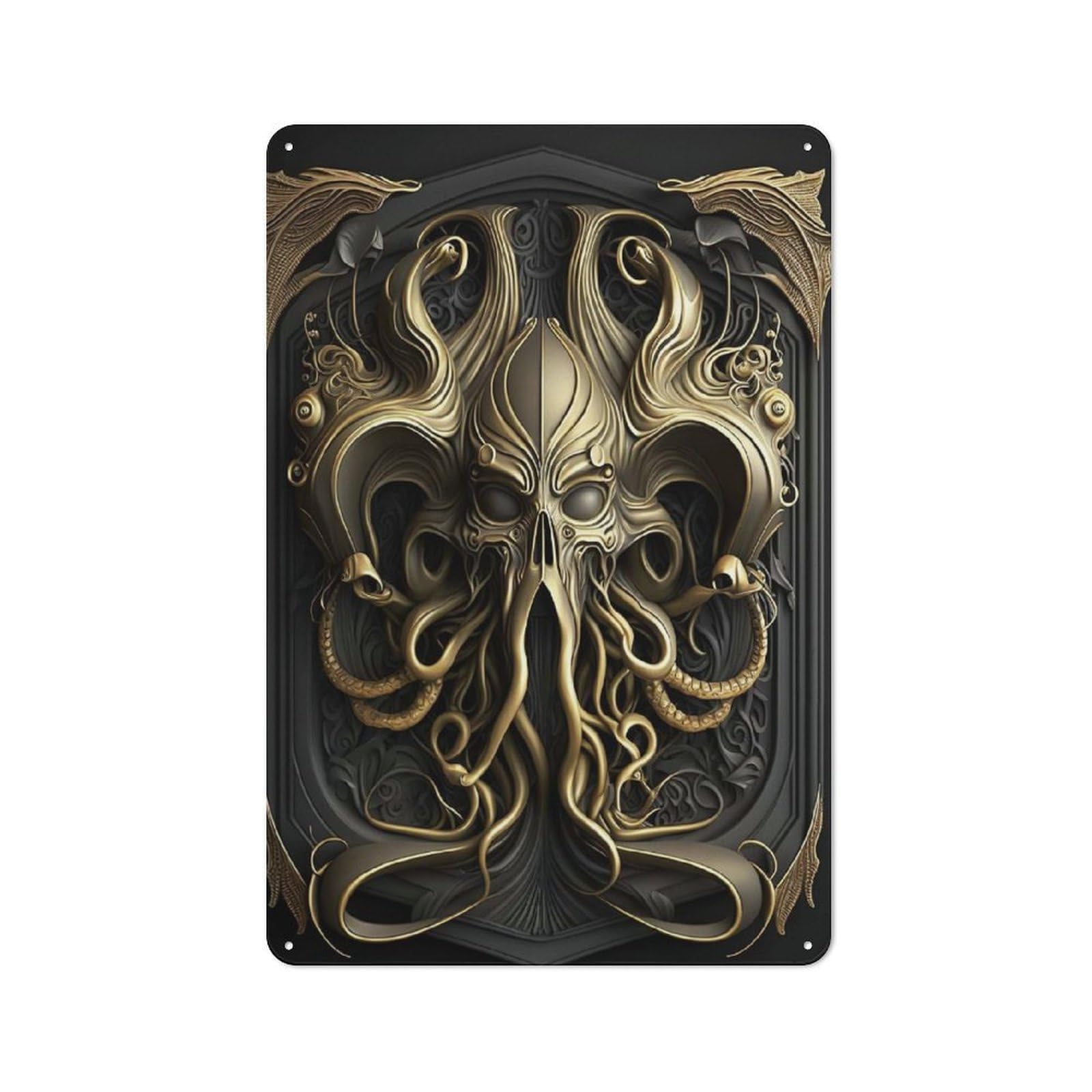 Junmoney Style-10 Garage Style Metal Wall Sign 30X20cm Featuring Golden Cthulhu Monarch, Shed Wall Plaque For Tool Room, Garage, Studio Or Home Bar