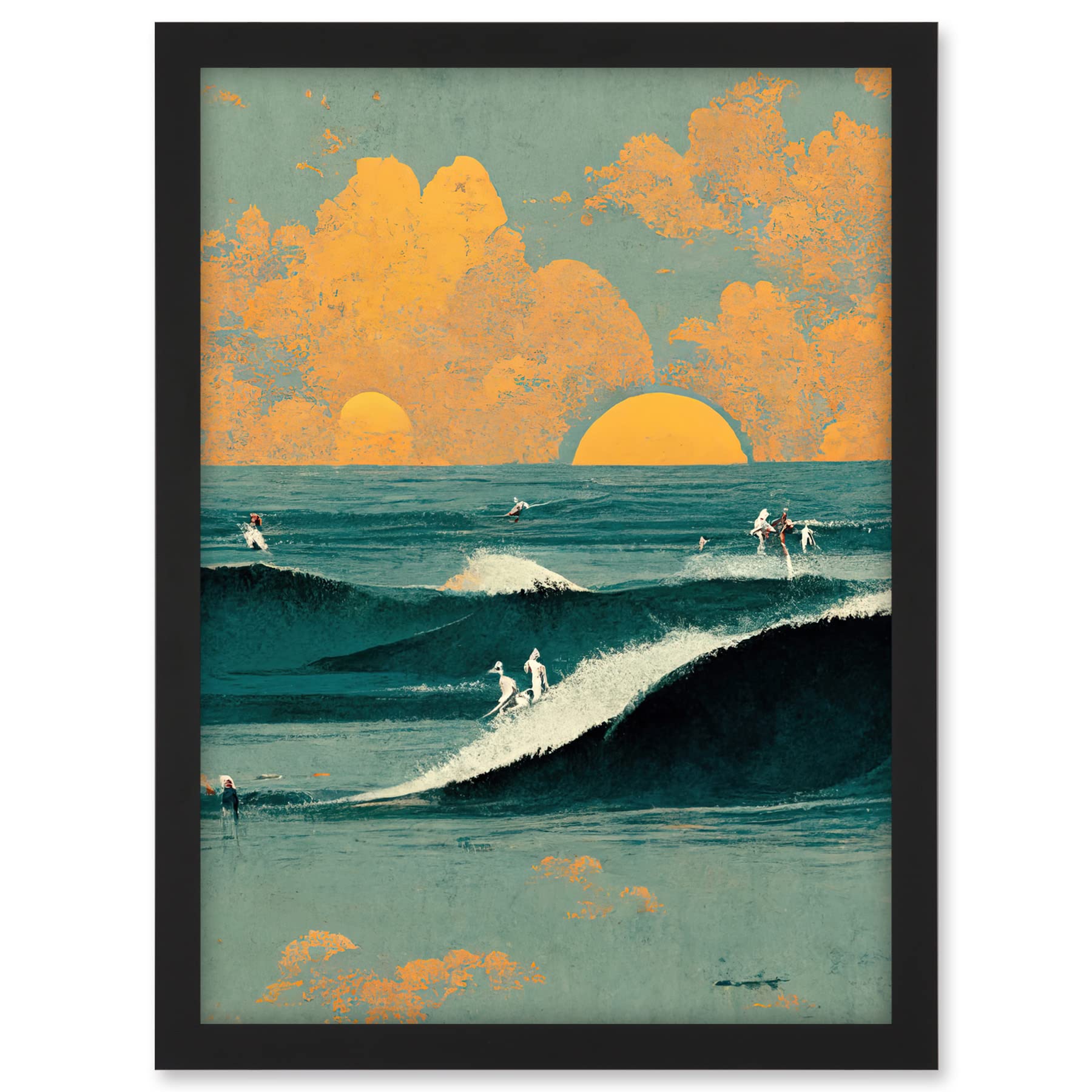 Wee Blue Coo Surfers Surfing Chasing Waves at Sunset Teal Mustard Abstract Oil Paint Artwork Framed A3 Wall Art Print