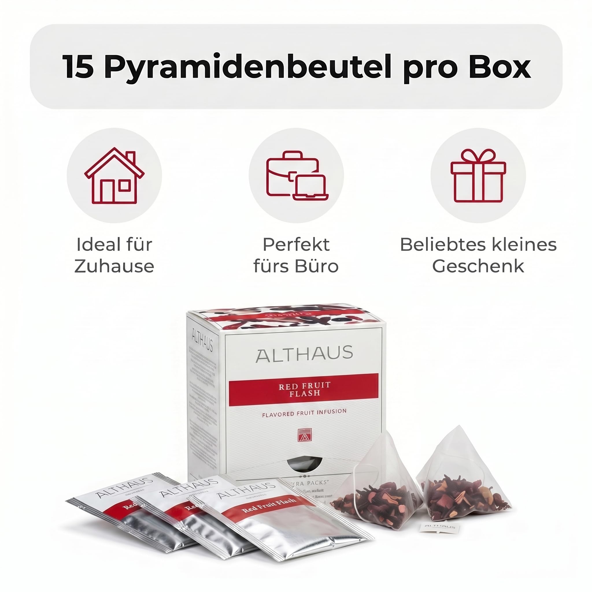 4er Set Althaus Tee Red Fruit Flash, 4 x 15 Pyramidenbeutel Premium Tee, Loser Tee in Pyramidenform, Aromatisierter Früchtetee, Fruchtinfusion in Pyramiden-Teebeuteln