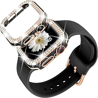 DABAOZA Compatible for Apple Watch Band with Glitter Bumper Case, Women Silicone Soft Comfortable Adjustable Strap with Buckle for iWatch SE Series 8/7/6/5/4/3/2/1 (Black Rosegold, 44mm)