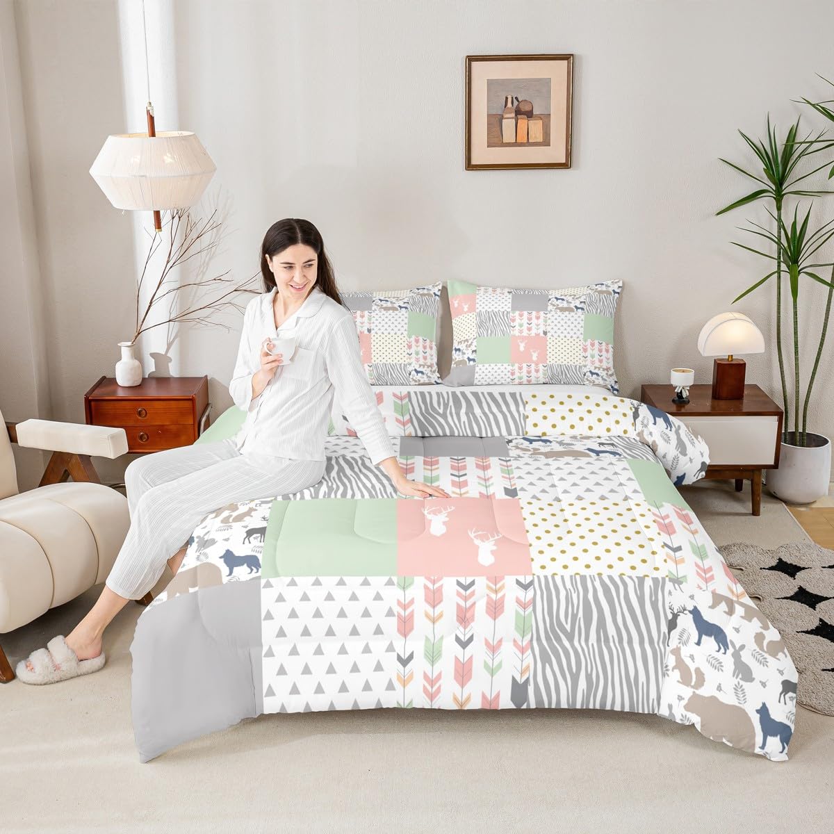 Deer Antlers Silhouette Comforter Set Twin Size,Wild Animals Bedding Set 2pcs for Kids Teens Adults Room Decor, Geometric Arrow Lattice Quilt Set Pink