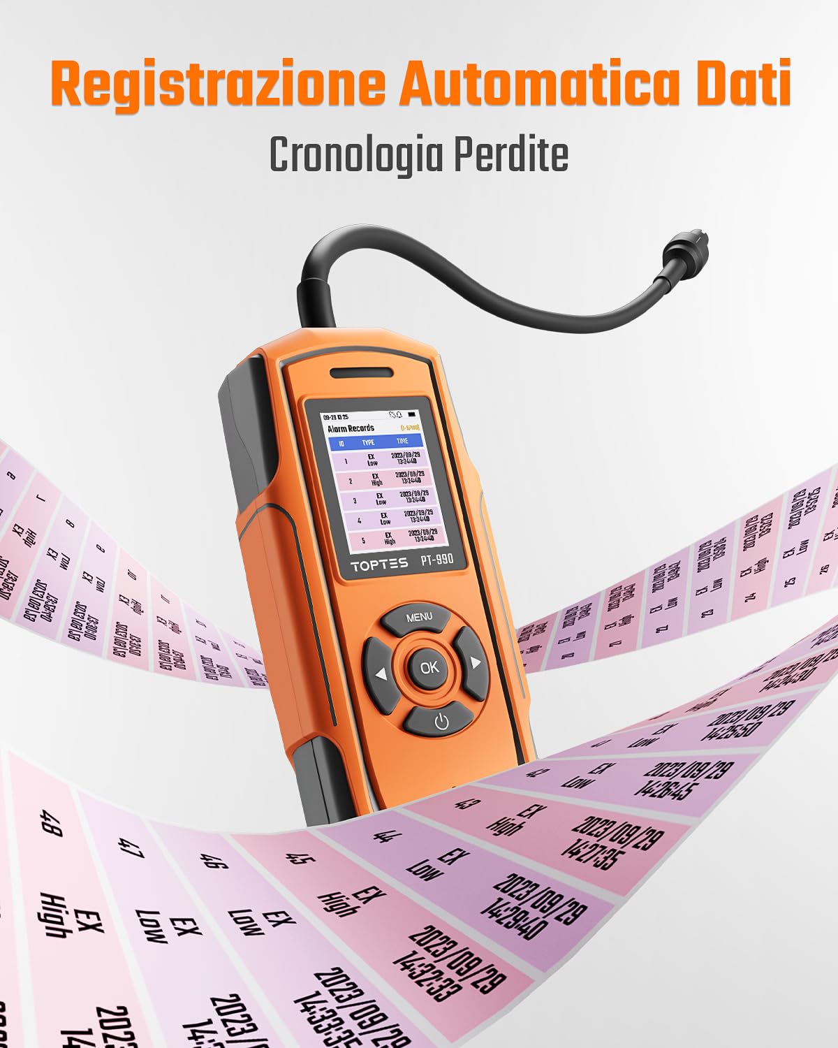 TopTes Rilevatore di Gas Ricaricabile PT-990 con sonda da 28 cm, intervallo di rilevamento 0–10000 ppm, registrazione dati e 3 tipi di allarme, Rilevatore Perdite di Gas per propano, metano -Arancione