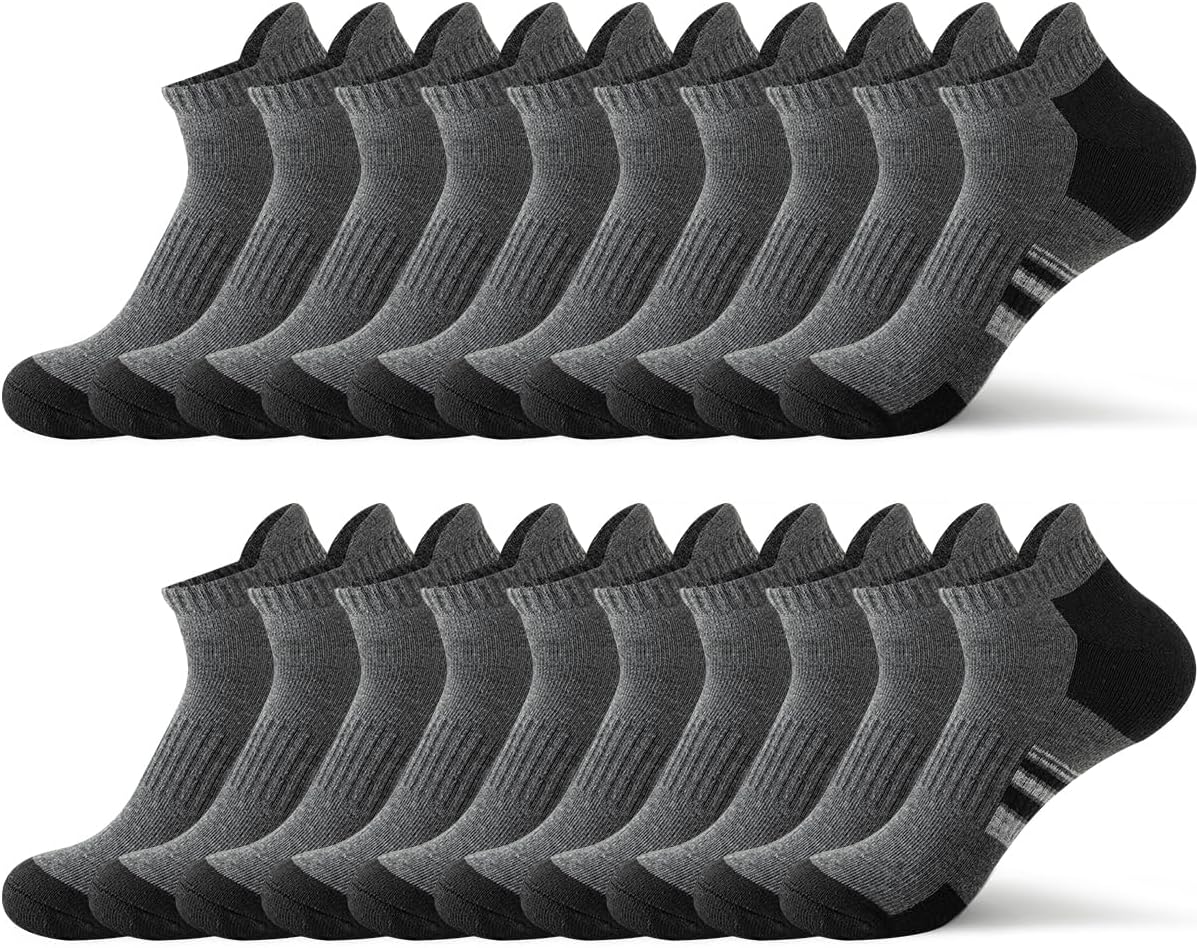 JOYNÉE 10 Pairs Men Ankle Sport Workout Tab Socks Athletic Running Short Breathable Socks,Grey,Sock Size:13-15