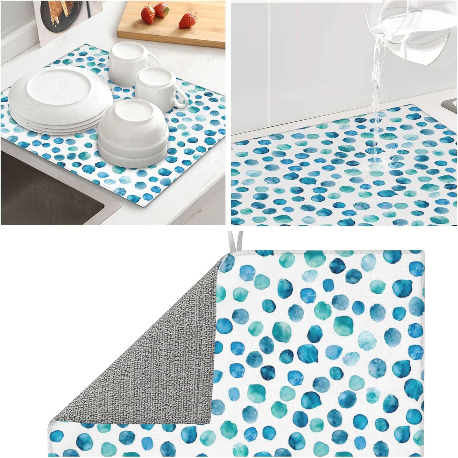 Blue Green Teal Polka Dot Dish Drying Mat For Kitchen Counter Watercolor Art Dry Mats Microfiber Dish Drainer Mat Protector Pad Absorbent Fast Drying Kitchen Must-Have 16x18 Inch