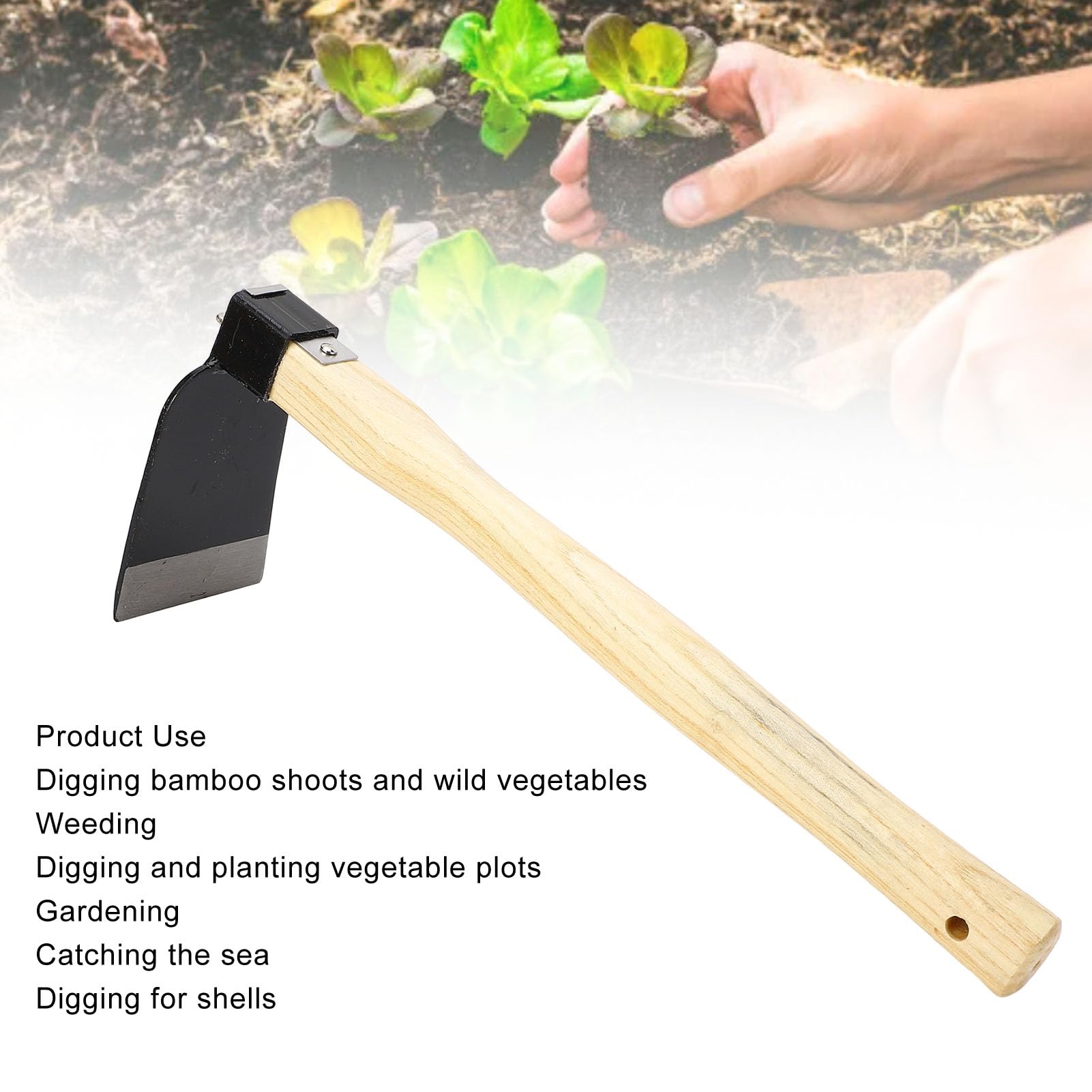 Azada de Mano con Mango de Madera, Azada de Jardín para Deshierbe y Plantar