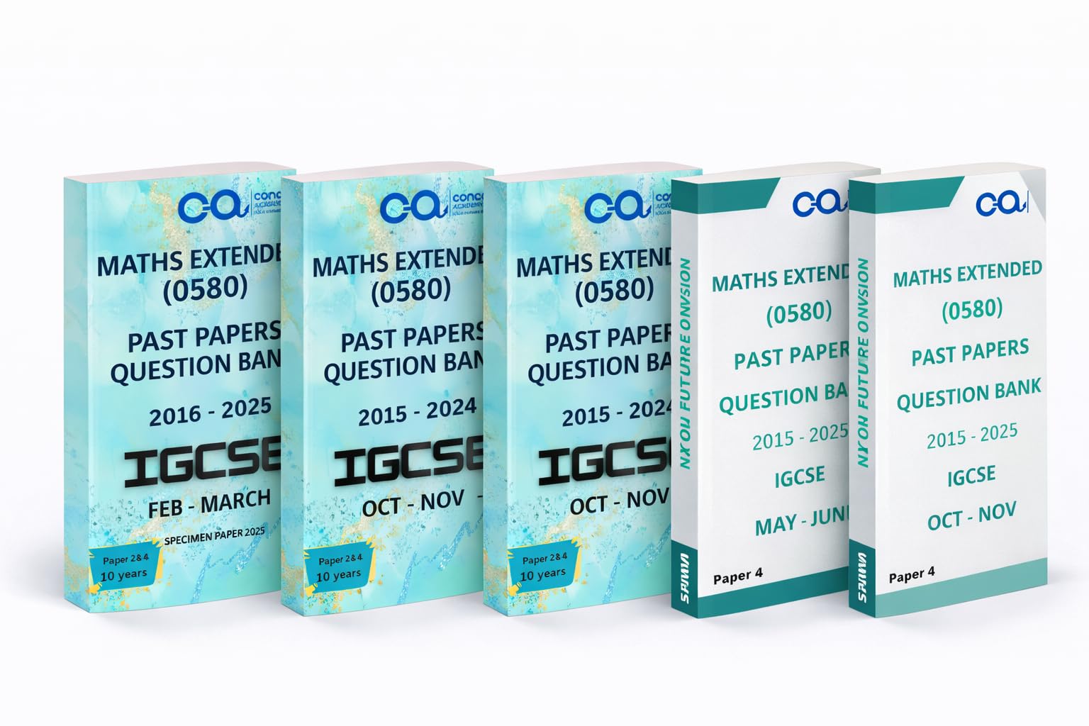 CAMBRIDGE IGCSE MATHEMATICS EXTENDED (0580) EXAMS PAST PAPERS BOOK COMPILATION. YEARS 2015-2025 PERFECT PAPERBACK FEB-MARCH, MAY-JUNE, OCT-NOV INCLUDING ALL VARIANTS. SET OF 5 BOOKS.