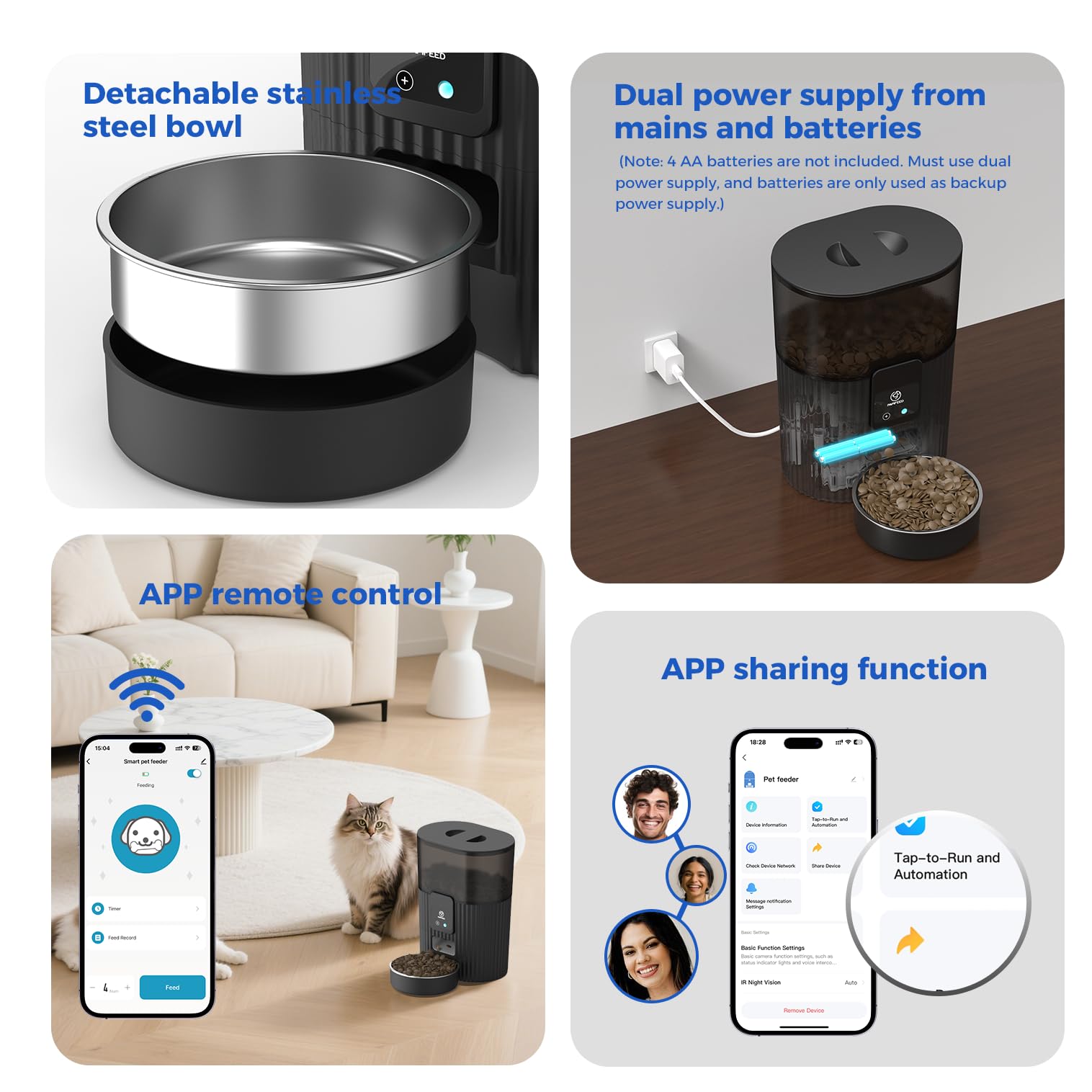 PAPIFEED Automatic Cat Feeder 3.5L/15 Cup 2.4G WiFi Pet Feeder for Dog Work with Alexa & Echo Timed Cat Food Dispenser for Remote Feeding with Stainless Steel Bowl up to 10 Meals Per Day with APP