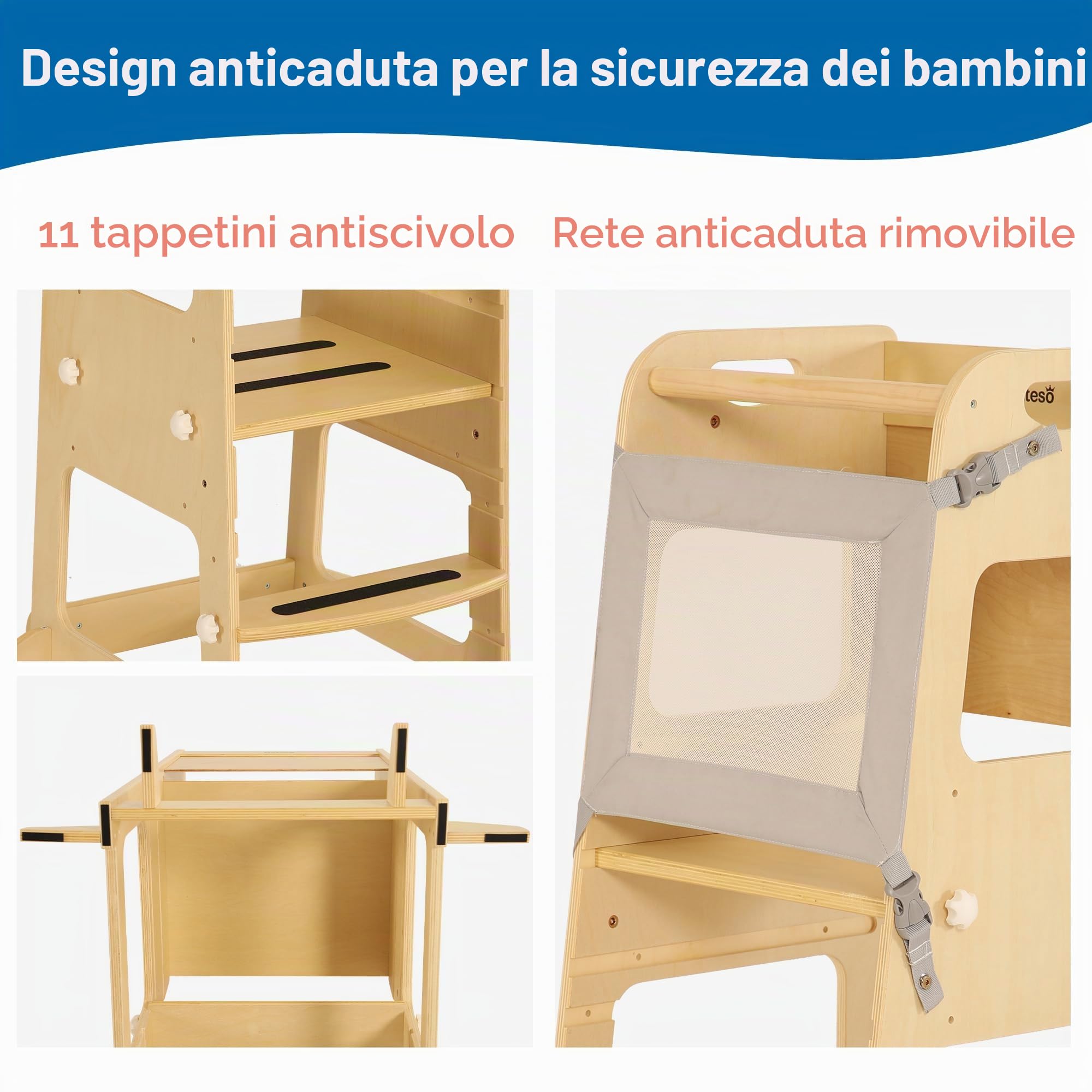 Bateso Torre Montessoriana in legno regolabile per bambini 1–3 anni, con reti staccabili, piedini di supporto e tappetini antiscivolo – Sgabello da cucina per cameretta