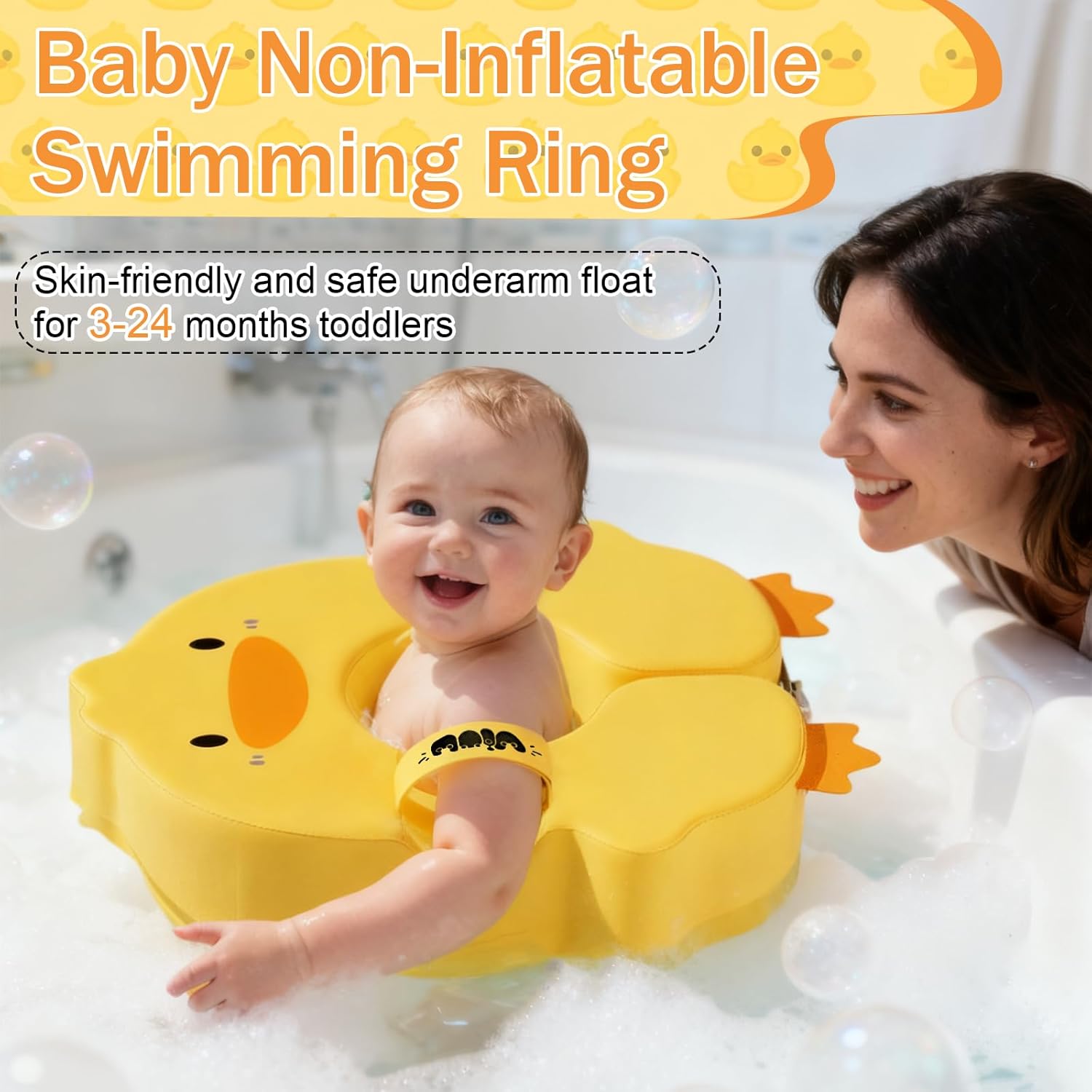 Baby Non-Inflatable Floats, Lightweight Swim Trainer Solid Arm Ring with Anti-Tipping Design Adjustable Pearl Foam for Kids 3-24 Months Infant Pool/Beach Play