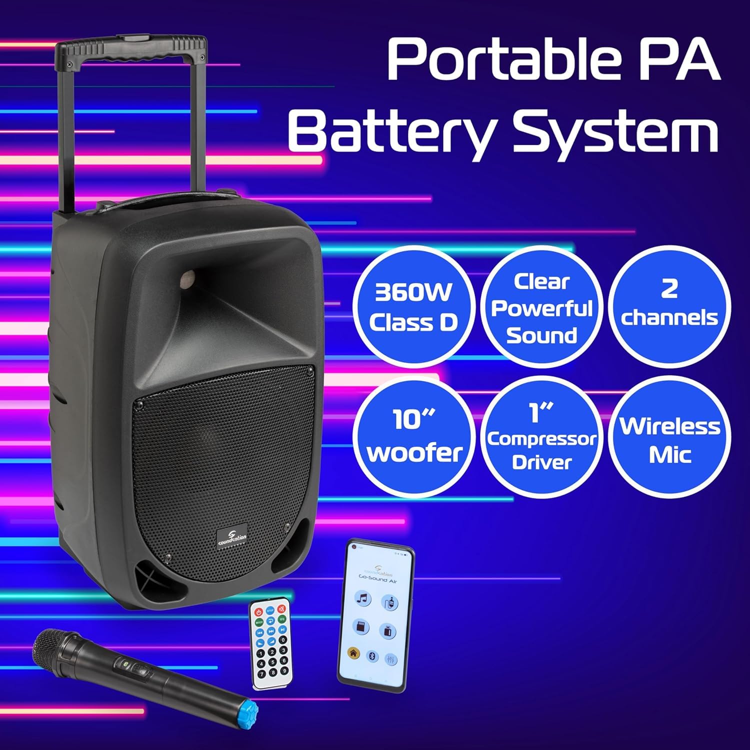 Rockstar - Sistema de Megafonía Portátil con Batería Recargable GoSound 10Air, 360W, Bluetooth, App Control, Micrófono Inalámbrico VHF, USB/SD, Ecualizador Gráfico, Ideal para Eventos y Exteriores