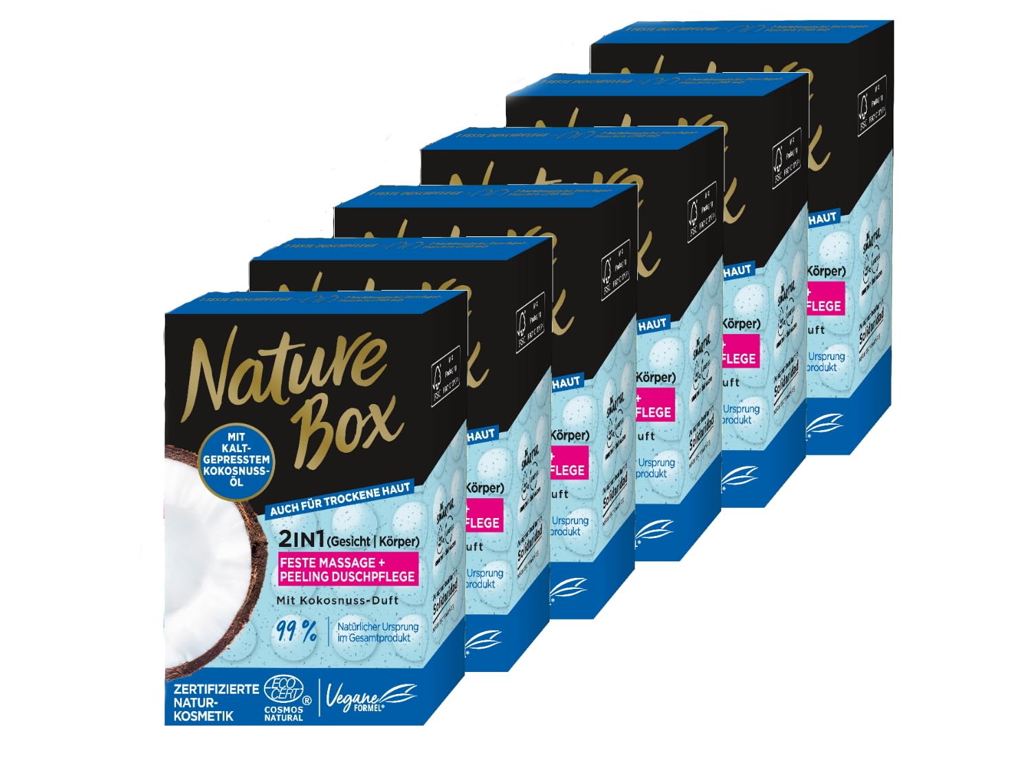 NATURE BOX feste Duschpflege 2in1 Massage + Peeling Mit Kokosnuss-Duft, 6er Pack (6x 90 g)