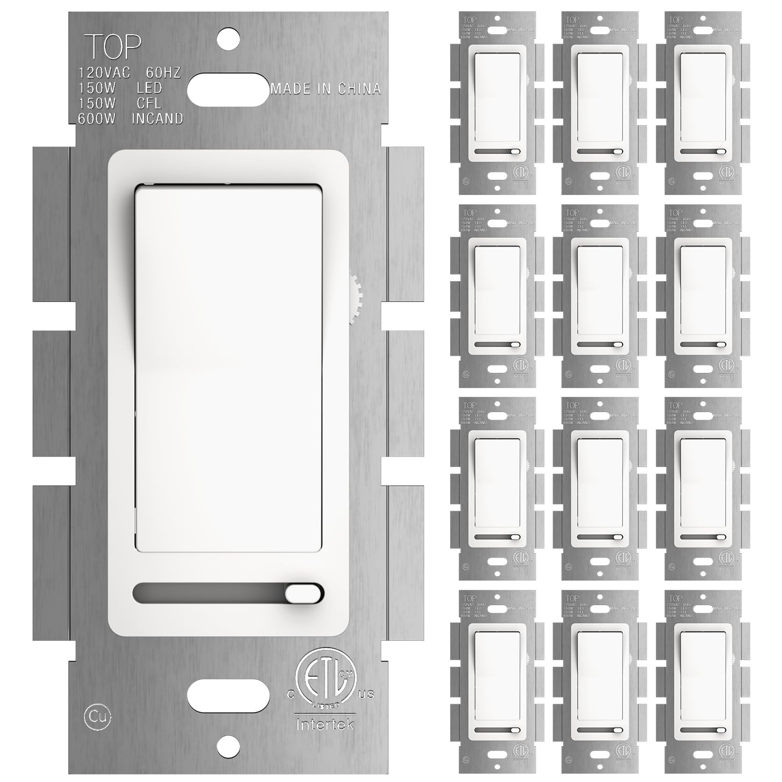 Amico 12 Pack Slide Dimmer Switch, Single-Pole or 3-Way, for Dimmable LED Lights (150W), CFL, Incandescent & Halogen Bulbs (600W), No Wall Plate Included, ETL Listed, White