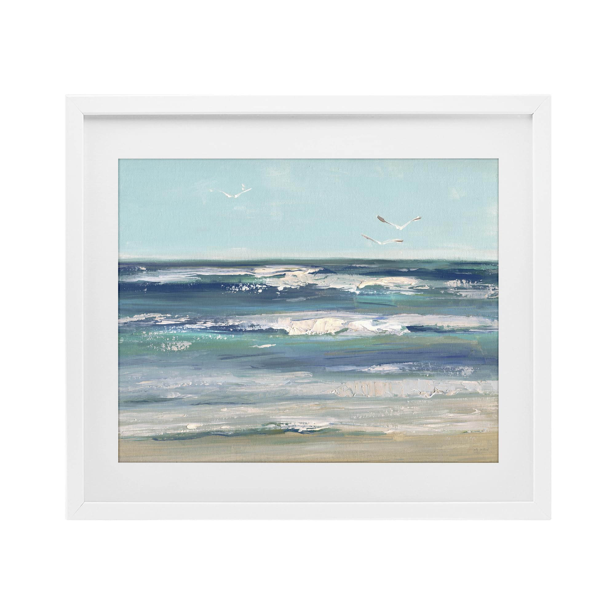 Stupell Industries Seagulls Over Rolling Waves, Tranquil Ocean Shoreline Decor for Dining Room, 17 x 21 Inch Framed Matted Print Under Glass, by Sally Swatland, Made in USA Gift