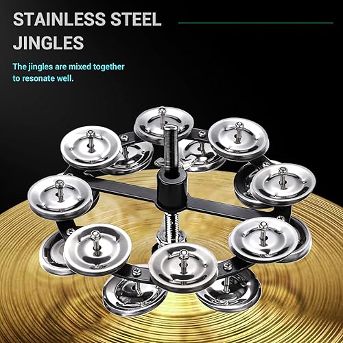 Miniatura 2 de Facmogu Pandereta de platillo negro de 5.5 pulgadas, pandereta de alta gorra con cascabeles de acero inoxidable de doble fila, juego de batería de