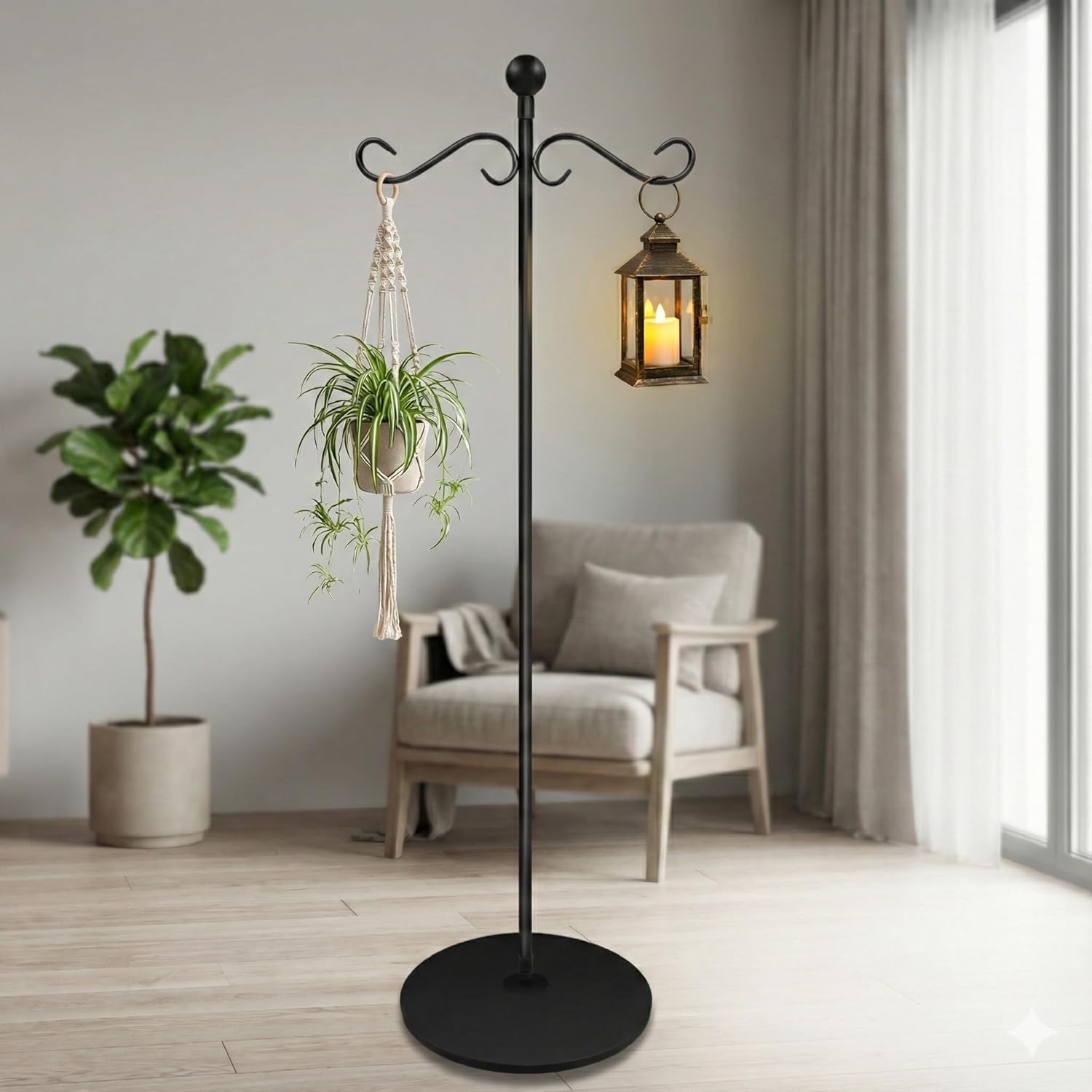 58 Inch Double Shepherds Hooks for Outdoor Indoor with Round Base Stand, Adjustable Shepherds Hook for Bird Feeder, Wind Chime, Solar Light for Garden Patio Home Decor