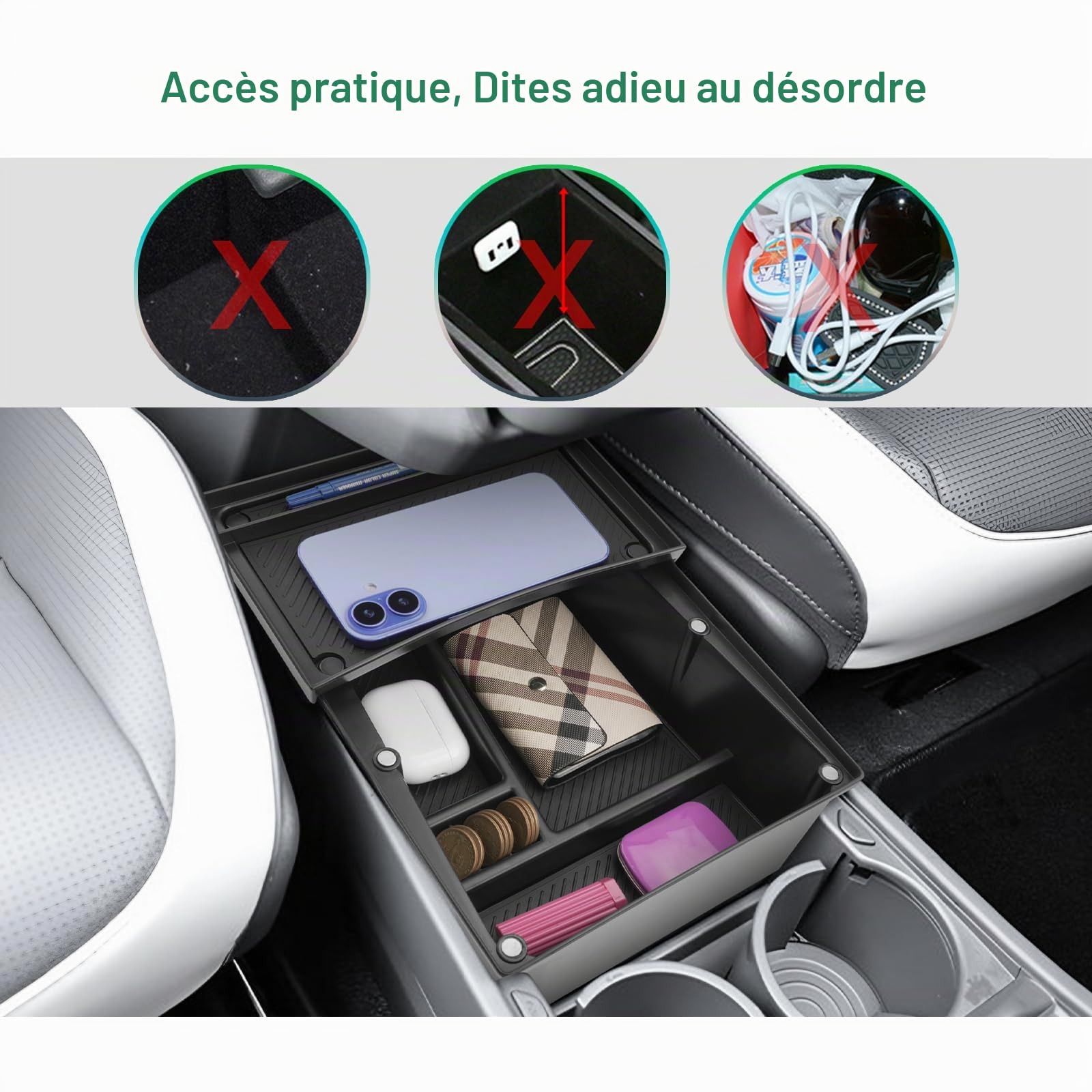 GAFAT Compatible avec Kia EV3 GT Line 2025 2026 Organiseur Console Centrale, Étagère Supérieure avec Rails Coulissants, EV3 2025 Étagères de Rangement Sous la Console Centrale avec Tapis