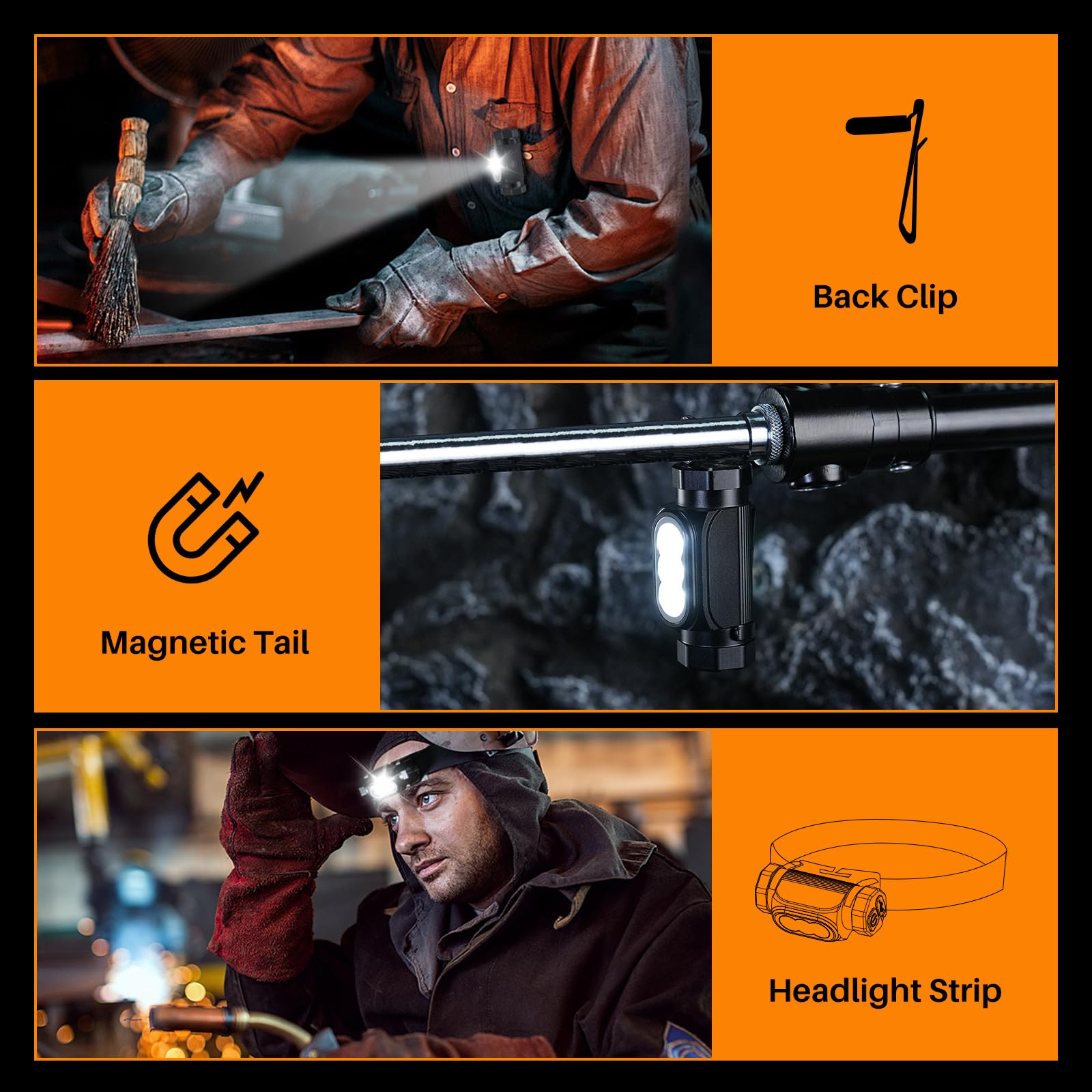 BORUIT HP130 Torcia Frontale E Pila LED Ricaricabile 1150 Lumen, Impermeabile IP68 Con Clip E Base Magnetica