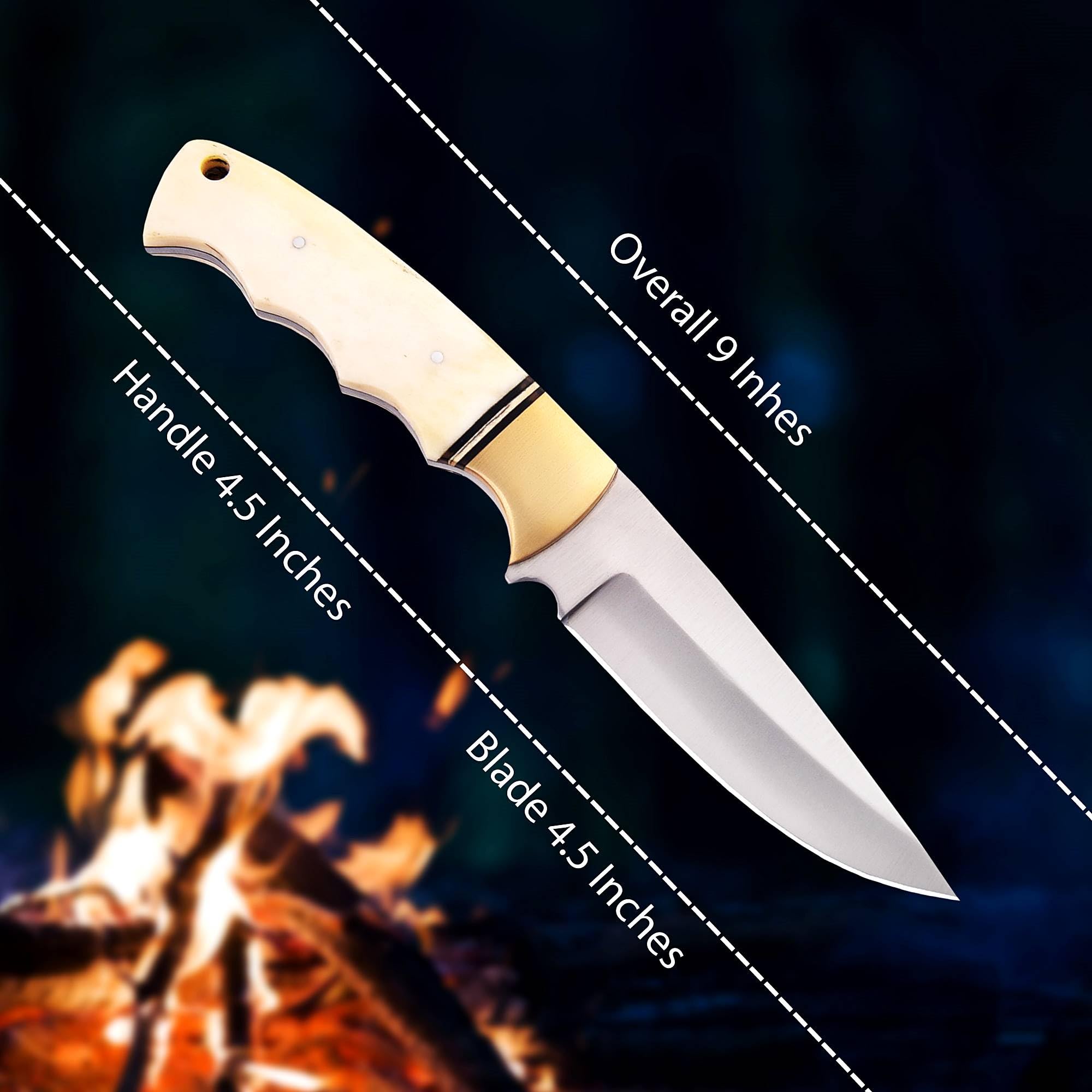 Handgefertigtes Jagd Messer mit Lederscheide zum Häuten, Camping, Outdoor 6213 (Knohen)