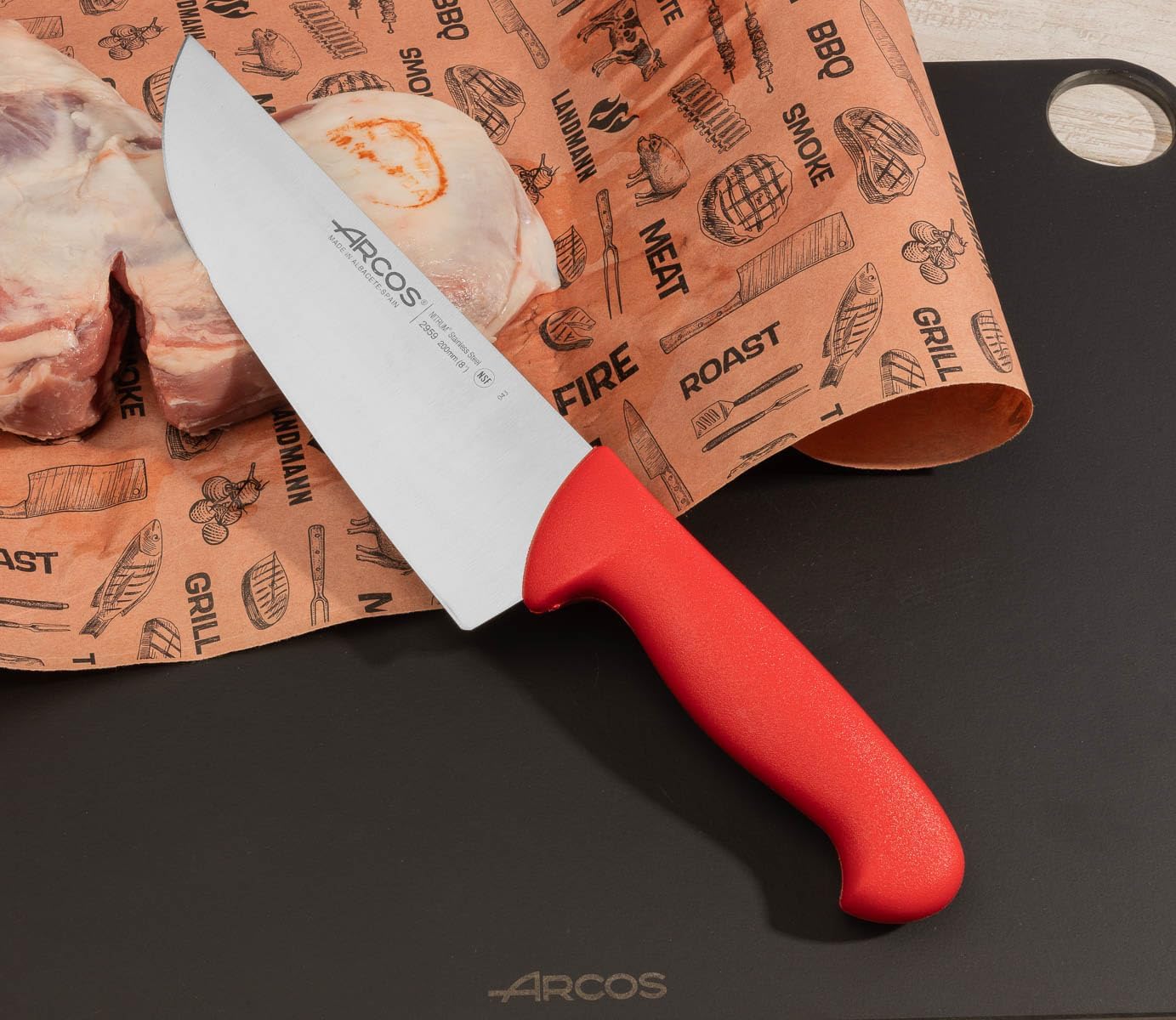 Arcos Butcher Knife 8 Inch Nitrum Stainless Steel and 200 mm blade. Professional Cooking Knife For Cutting Meat, Fish and Vegetables. Ergonomic Polyoxymethylene Handle. Series 2900. Red.
