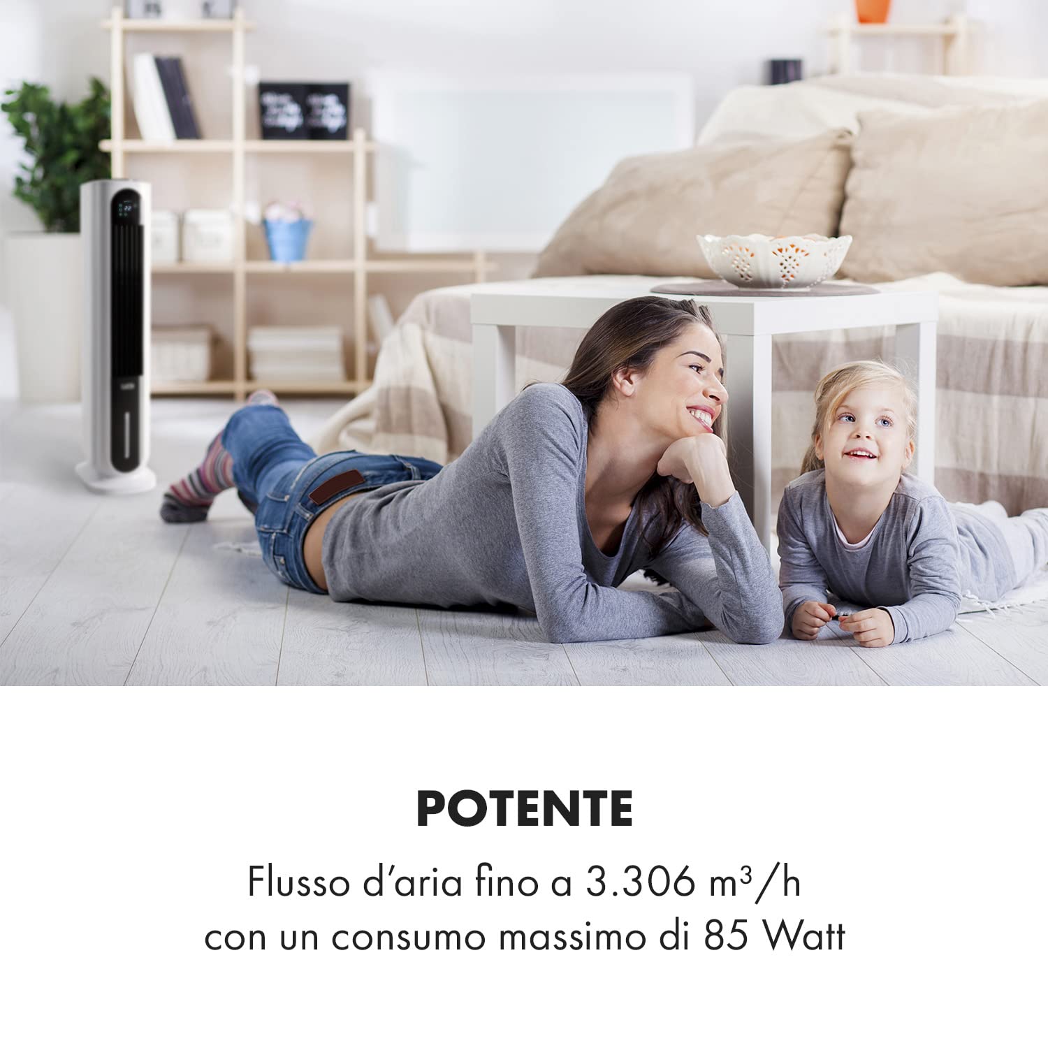 Klarstein Polar Tower Smart Raffrescatore Evaporativo 4-in-1 – Ventilatore, Umidificatore & Purificatore, Controllo App & Alexa, Serbatoio 7L, 3.306 m³/h, Timer, Modalità Notte, Portatile, Bianco