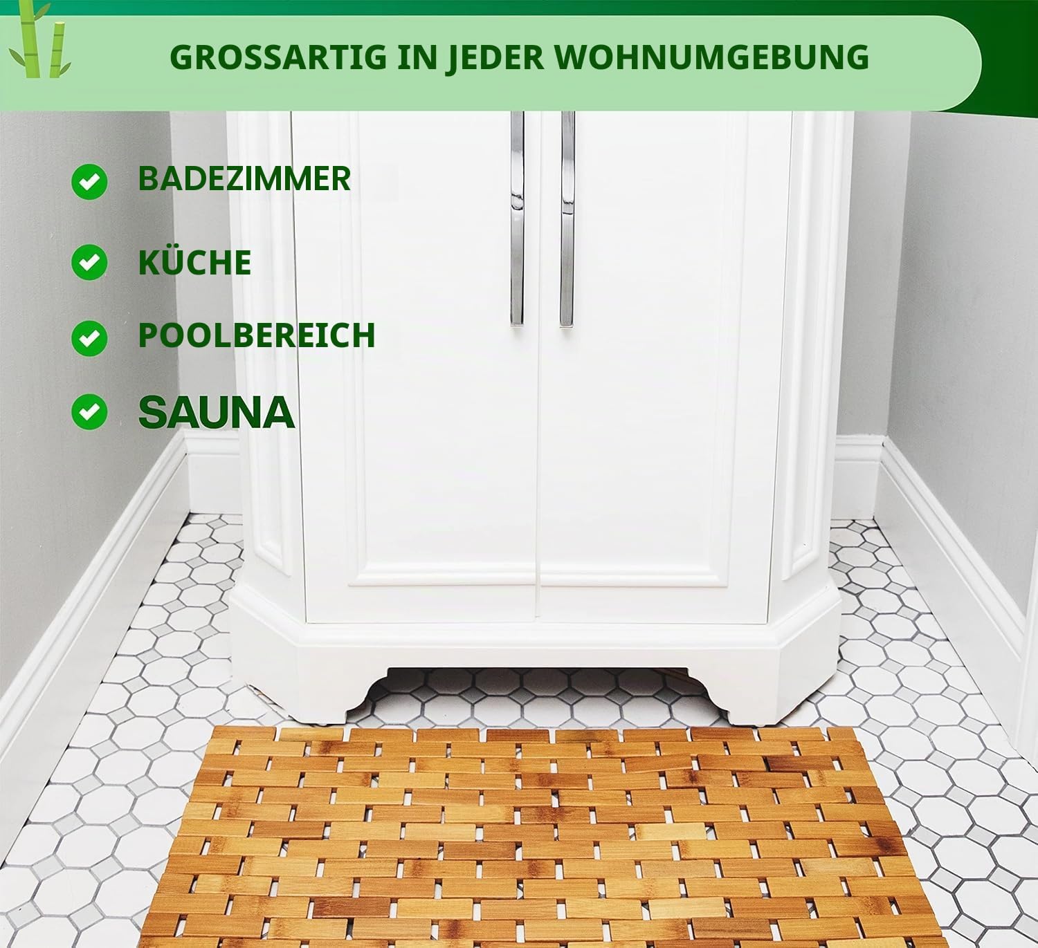 Badematte aus natürlichem Bambusholz, groß, lang, faltbar (45,7 x 86,4 cm (B x L), gummierte Unterseite, Bodenzubehör für Badezimmer, Sauna, Spa und Badewanne, Keine Nägel