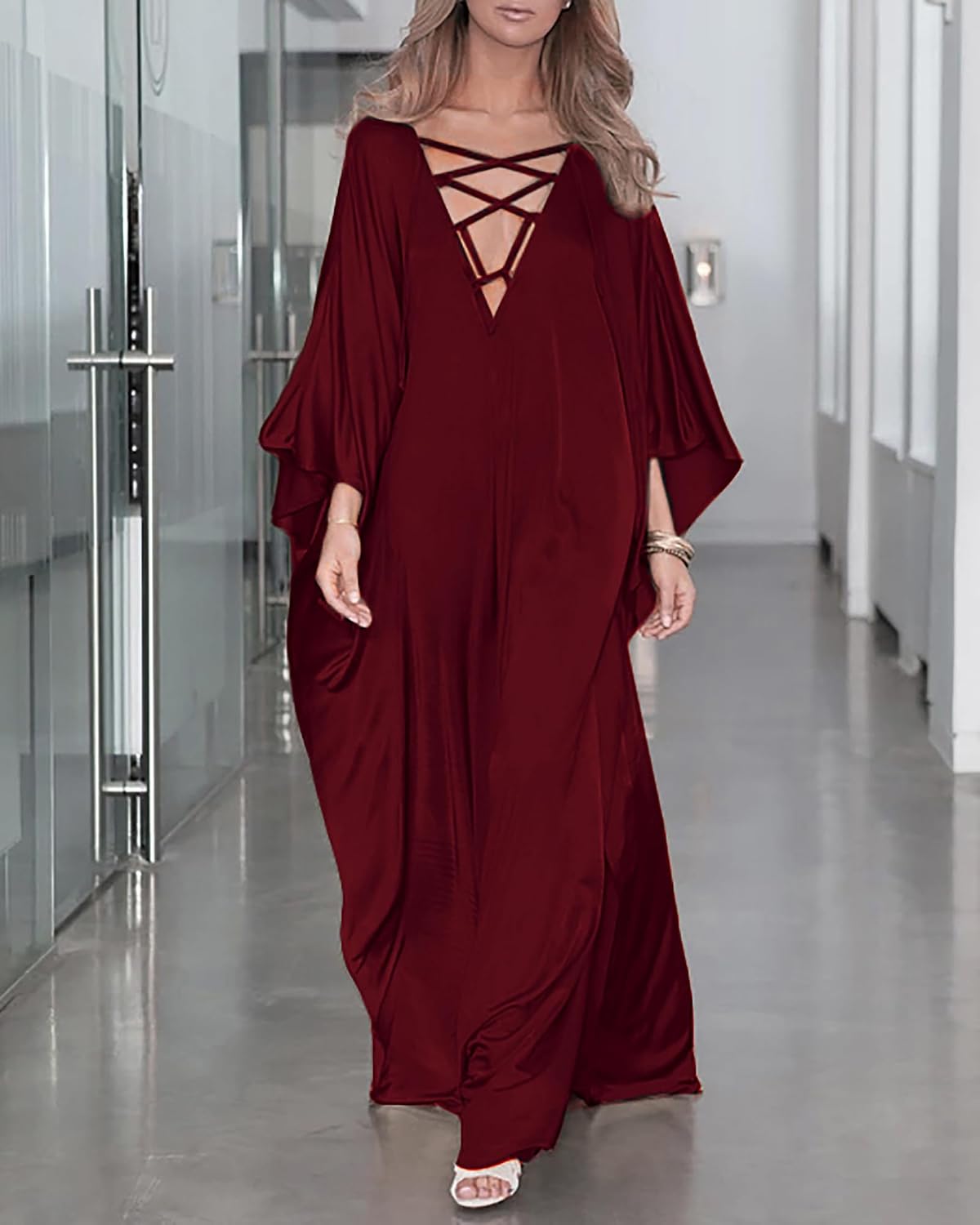 Bsubseach 2026 Long Kaftan Dresses Muumuu Plus Size V Neck Vintage Caftan Coverup Sexy Satin Dress