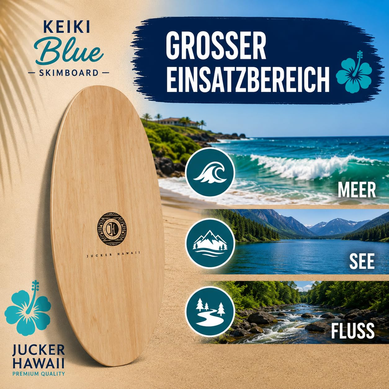 JUCKER HAWAII Skimboard KEIKI 90 cm | 5-lagiges Holz, Für Kinder & Erwachsene (25–90 kg), Anfänger & Fortgeschrittene, Für Meer, See & Fluss