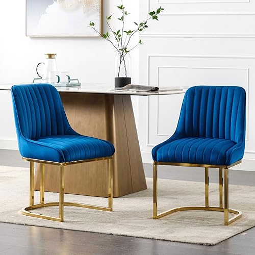 Juego de 2 sillas de comedor de terciopelo tapizadas azules con patas doradas, sillas de cocina modernas sin brazos con respaldo