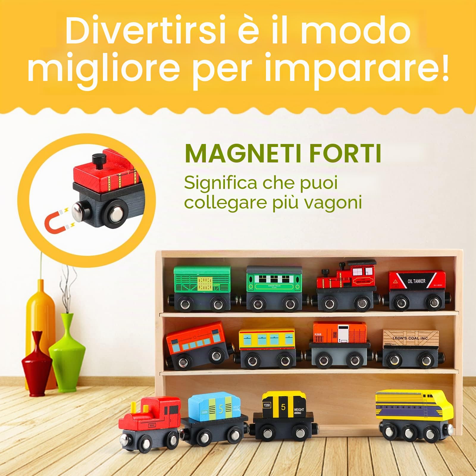 Jacootoys Set Trenino Magnetico in Legno con Scatola Portaoggetti (12 pezzi) Veicoli Educativi Automobili Motori per Ragazzi Ragazze 3 + Anni