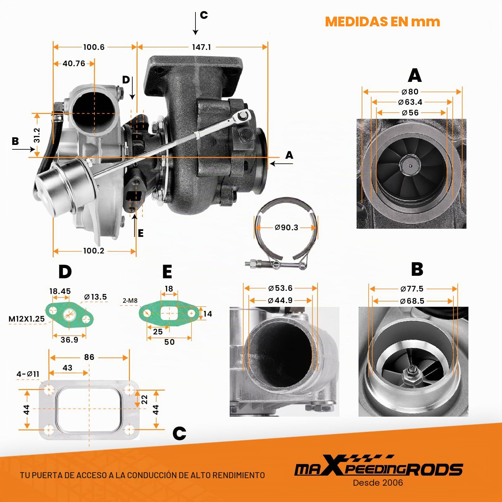 maXpeedingrods T3 T04E T3 0,63 0,5 a/r turbocompresor turbo universal | con banda en V de 2,5 pulgadas